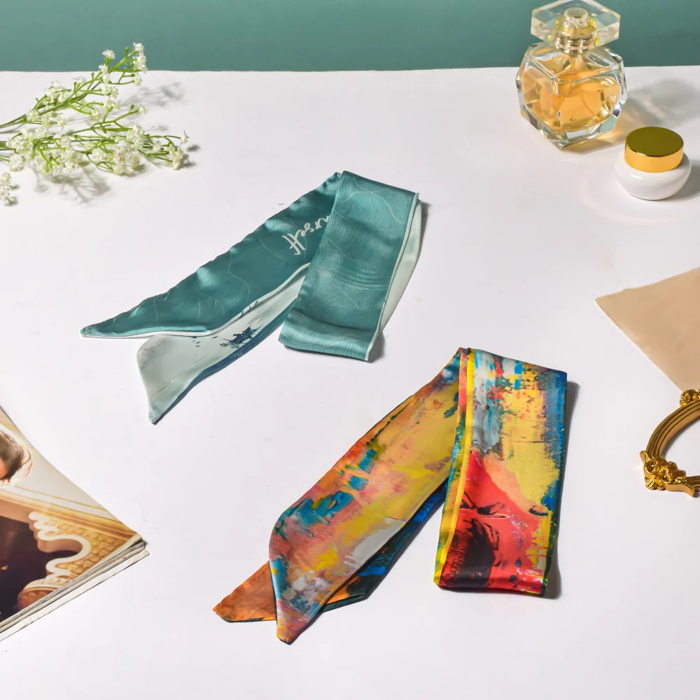 Satin Skinny Scarf Blue And Multicolour Set of 2 38 Inch - Image 4