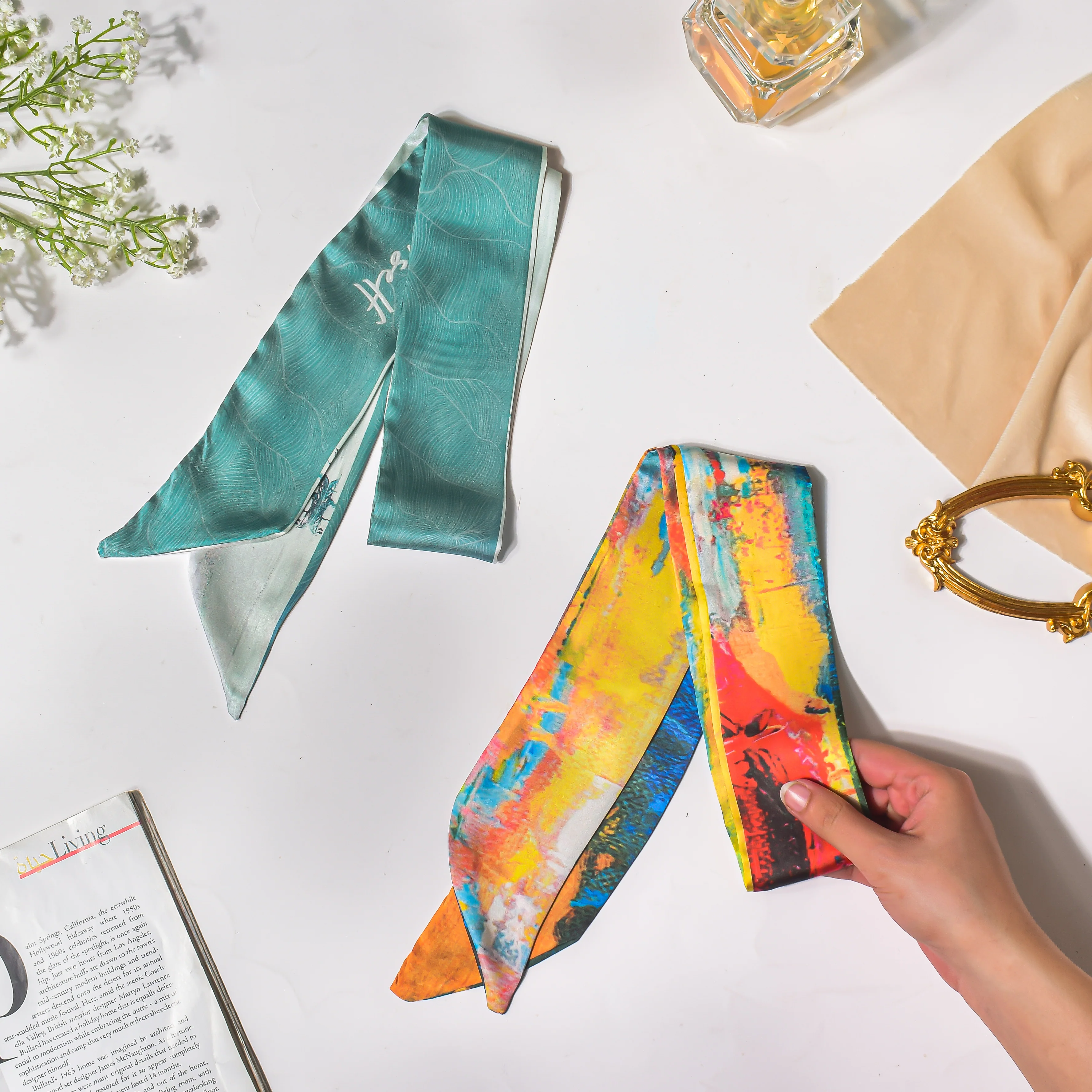 Satin Skinny Scarf Blue And Multicolour Set of 2 38 Inch - Image 5