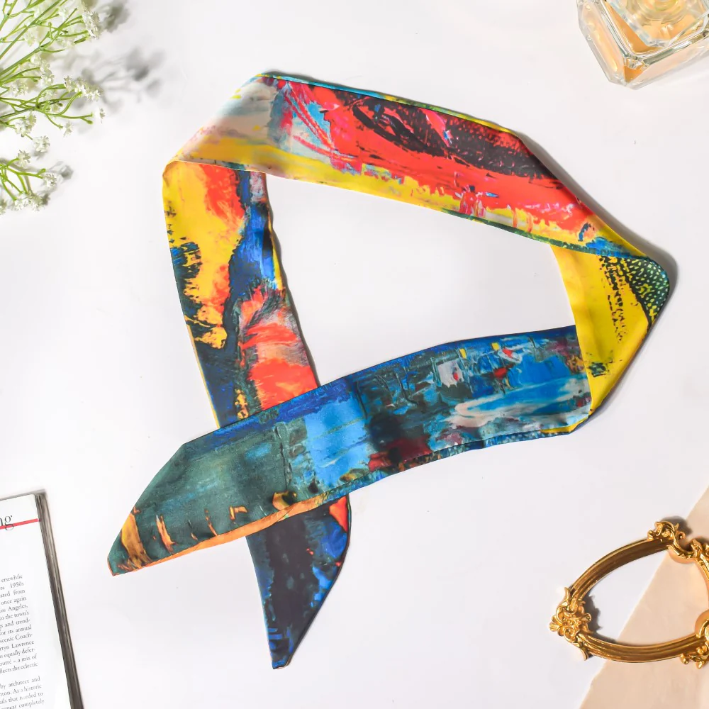 Satin Skinny Scarf Blue And Multicolour Set of 2 38 Inch - Image 6