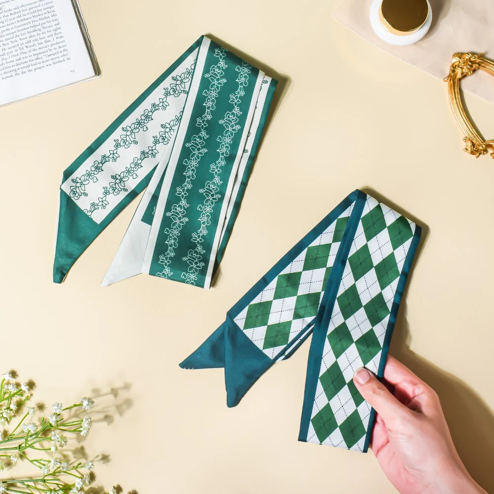 Satin Skinny Scarf Green And White 34 Inch Set of 2 - Image 4