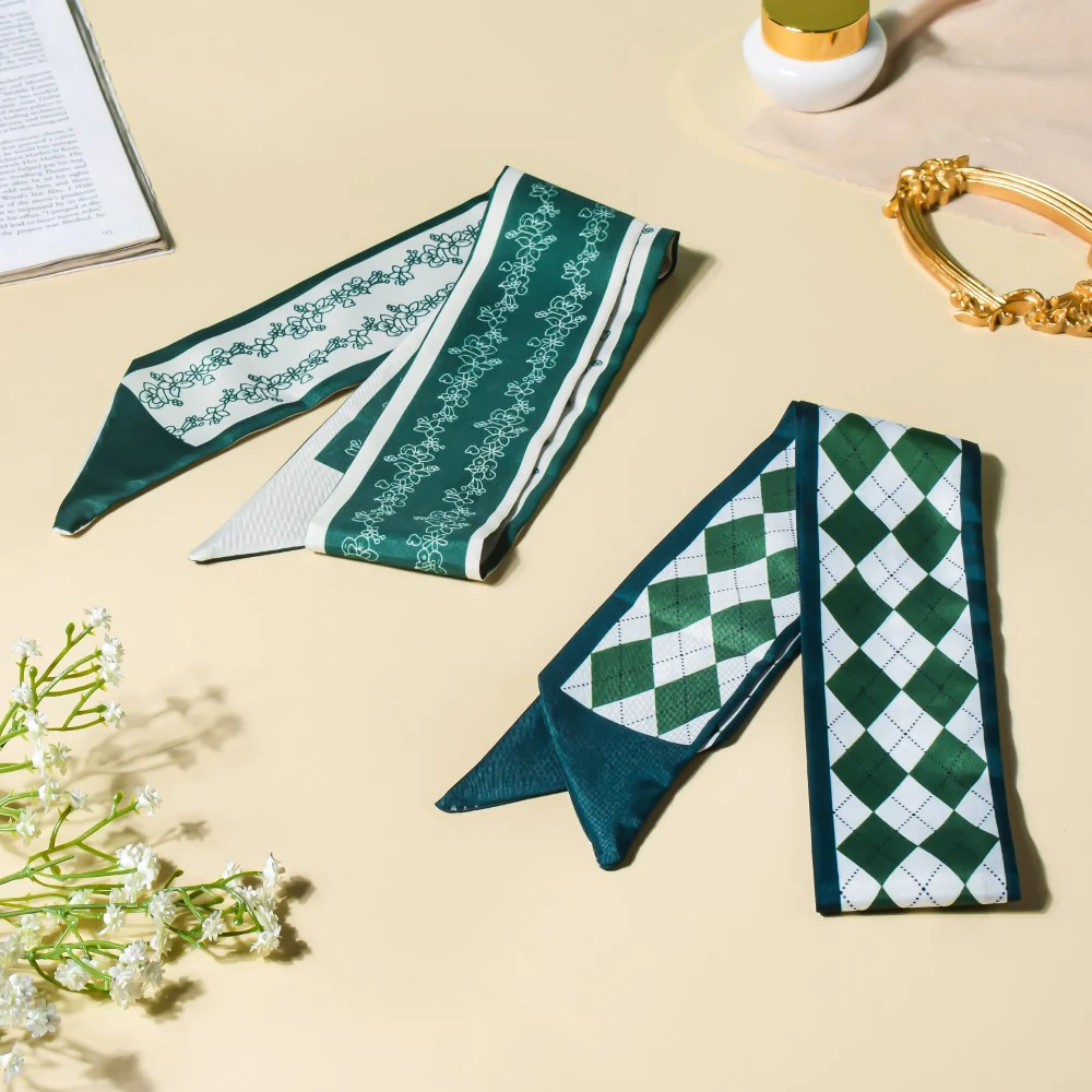 Satin Skinny Scarf Green And White 34 Inch Set of 2 - Image 5