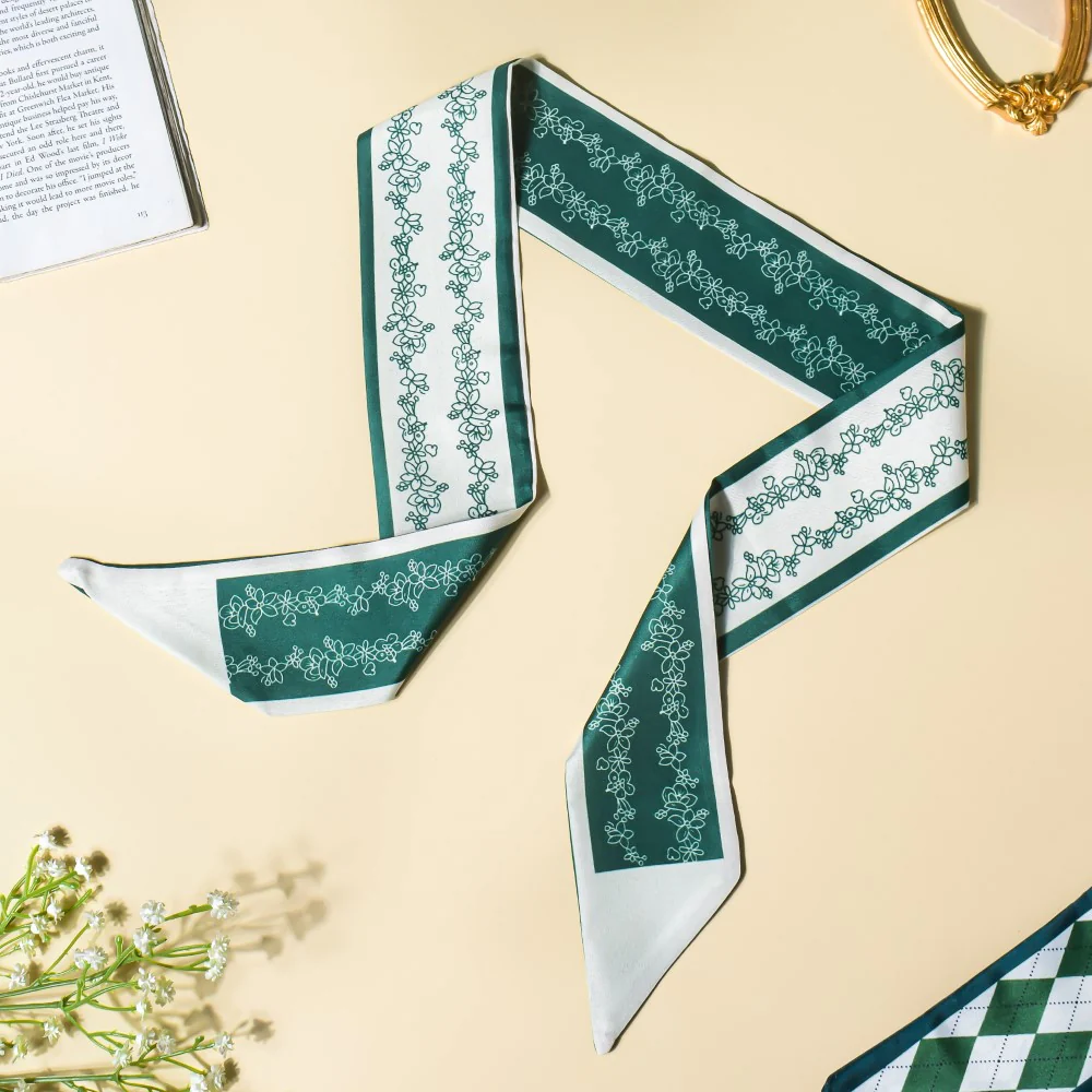 Satin Skinny Scarf Green And White 34 Inch Set of 2 - Image 9