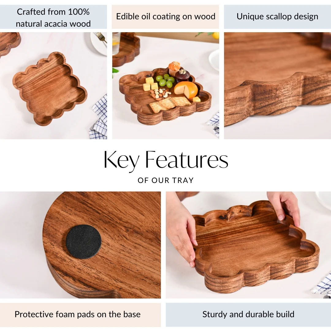 Scallop Acacia Wood Square Serving Platter 26x26cm - Image 5