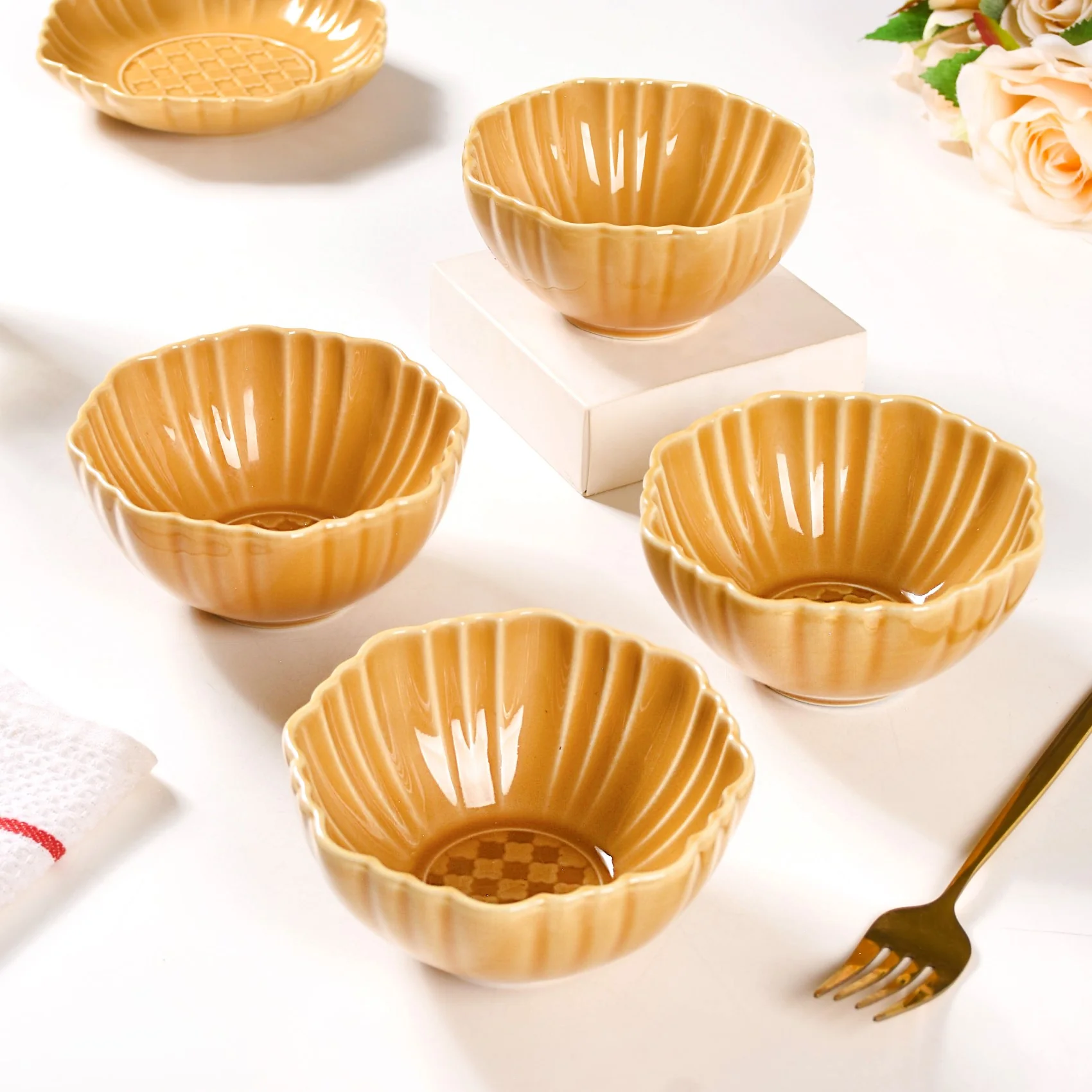 Scallop Rimmed Ceramic Soup Bowl Set Of 4 Yellow Ochre 350ml - Image 3