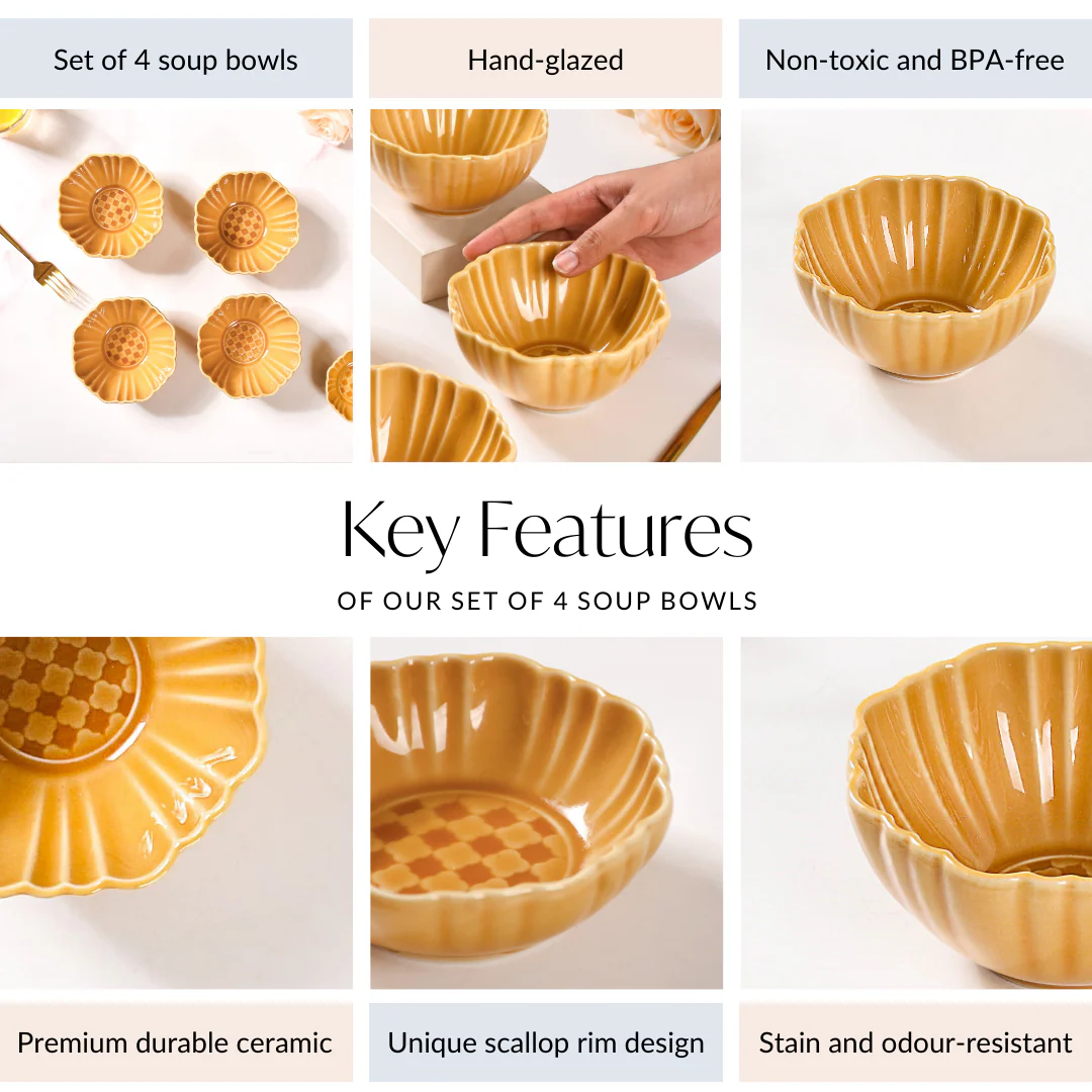 Scallop Rimmed Ceramic Soup Bowl Set Of 4 Yellow Ochre 350ml - Image 4