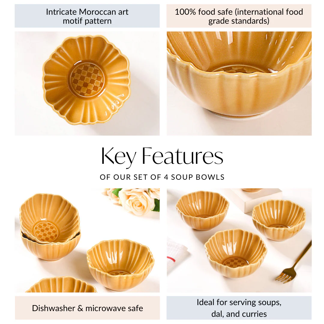 Scallop Rimmed Ceramic Soup Bowl Set Of 4 Yellow Ochre 350ml - Image 5