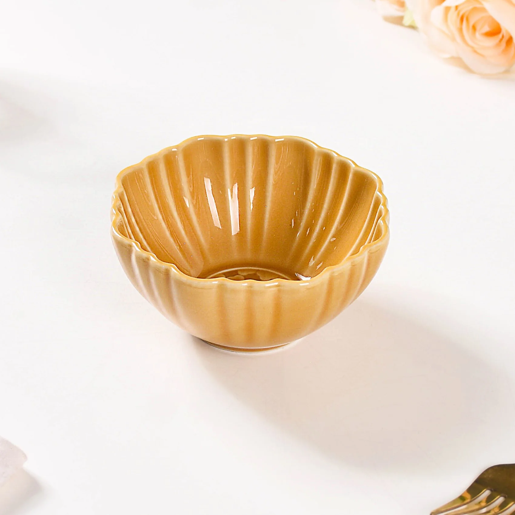 Scallop Rimmed Ceramic Soup Bowl Set Of 4 Yellow Ochre 350ml - Image 8