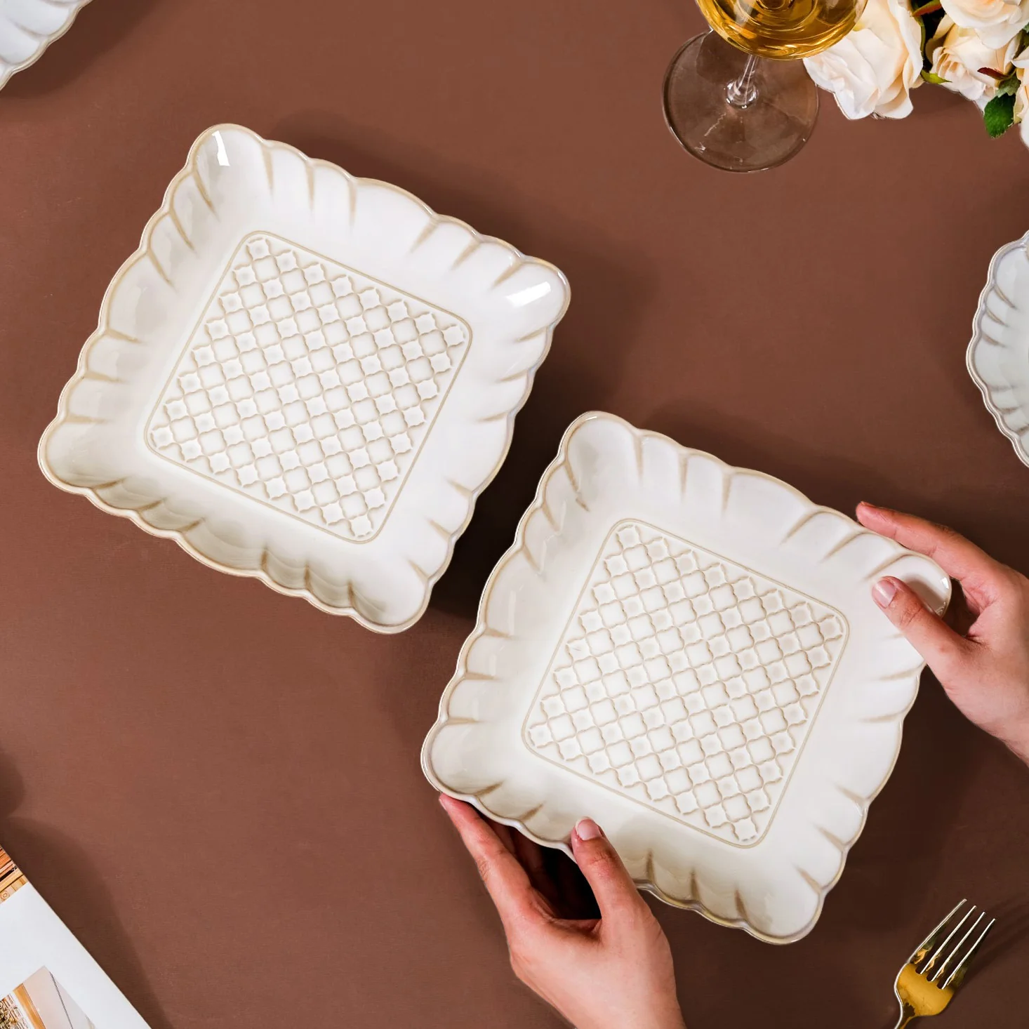 Scalloped Rimmed Square Platter Set Of 2 Ivory 8 Inch - Image 2