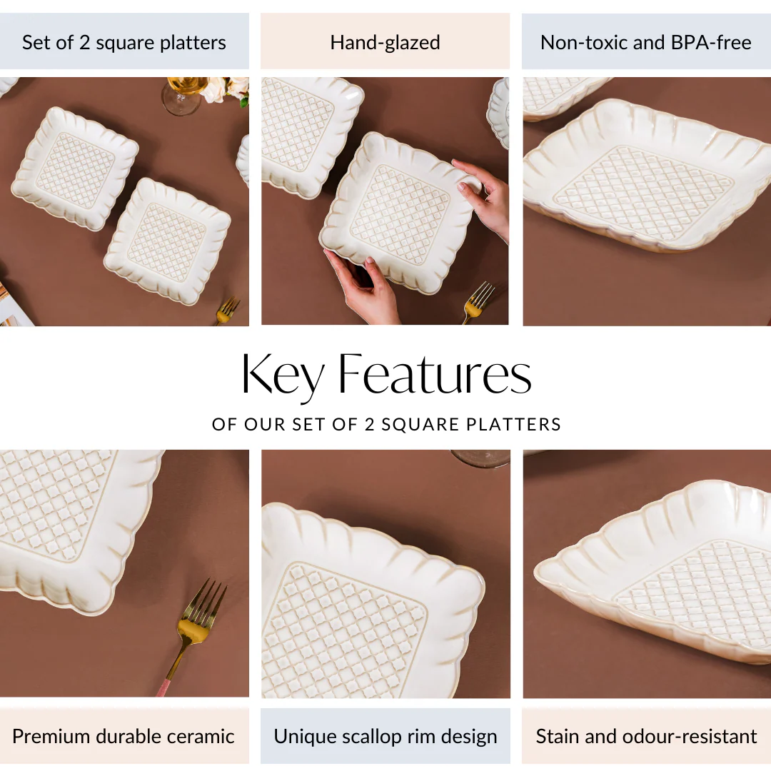 Scalloped Rimmed Square Platter Set Of 2 Ivory 8 Inch - Image 4