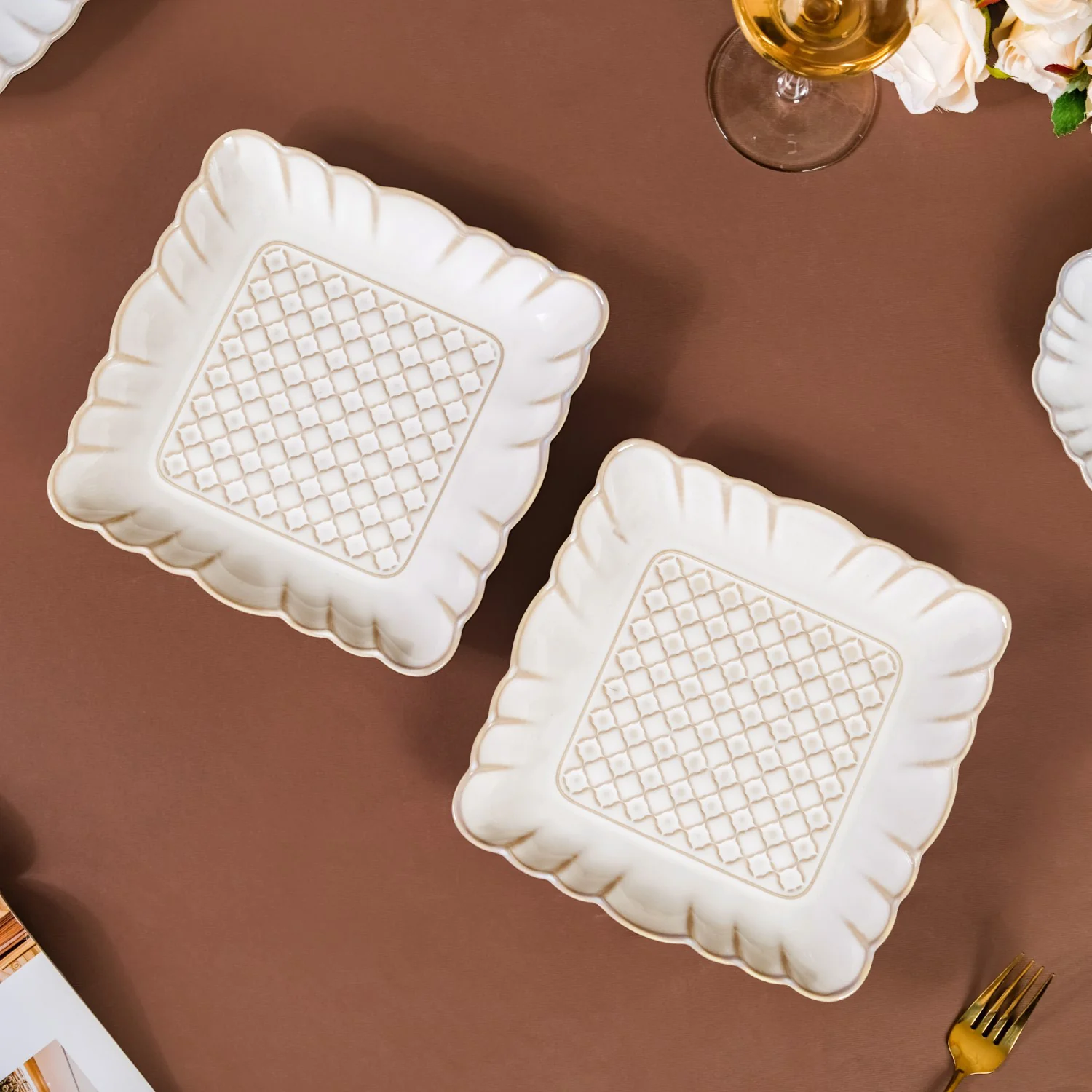 Scalloped Rimmed Square Platter Set Of 2 Ivory 8 Inch - Image 8