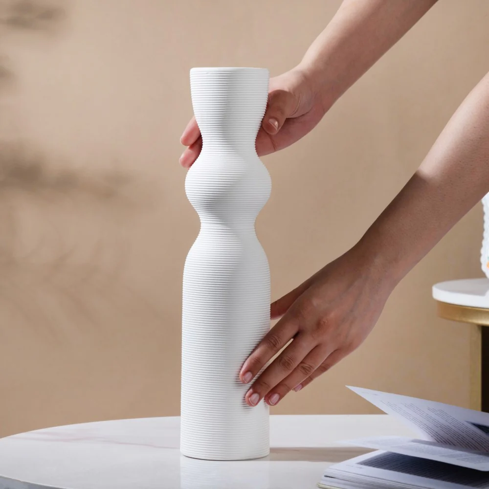 Scandinavian Striped Ceramic Vase White - Image 2