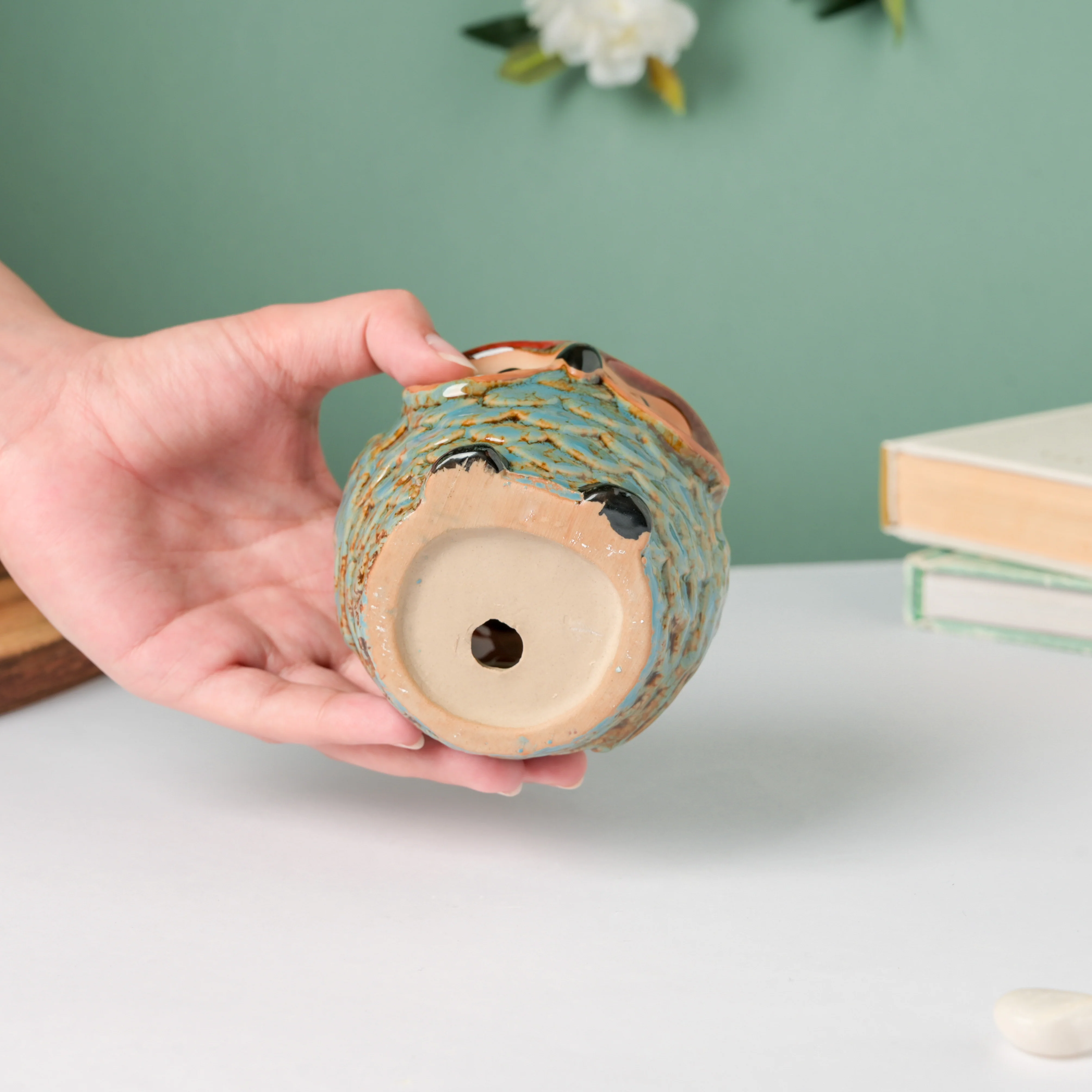 Seacrest Owl Blue Ceramic Planter With Wooden Coaster - Image 10