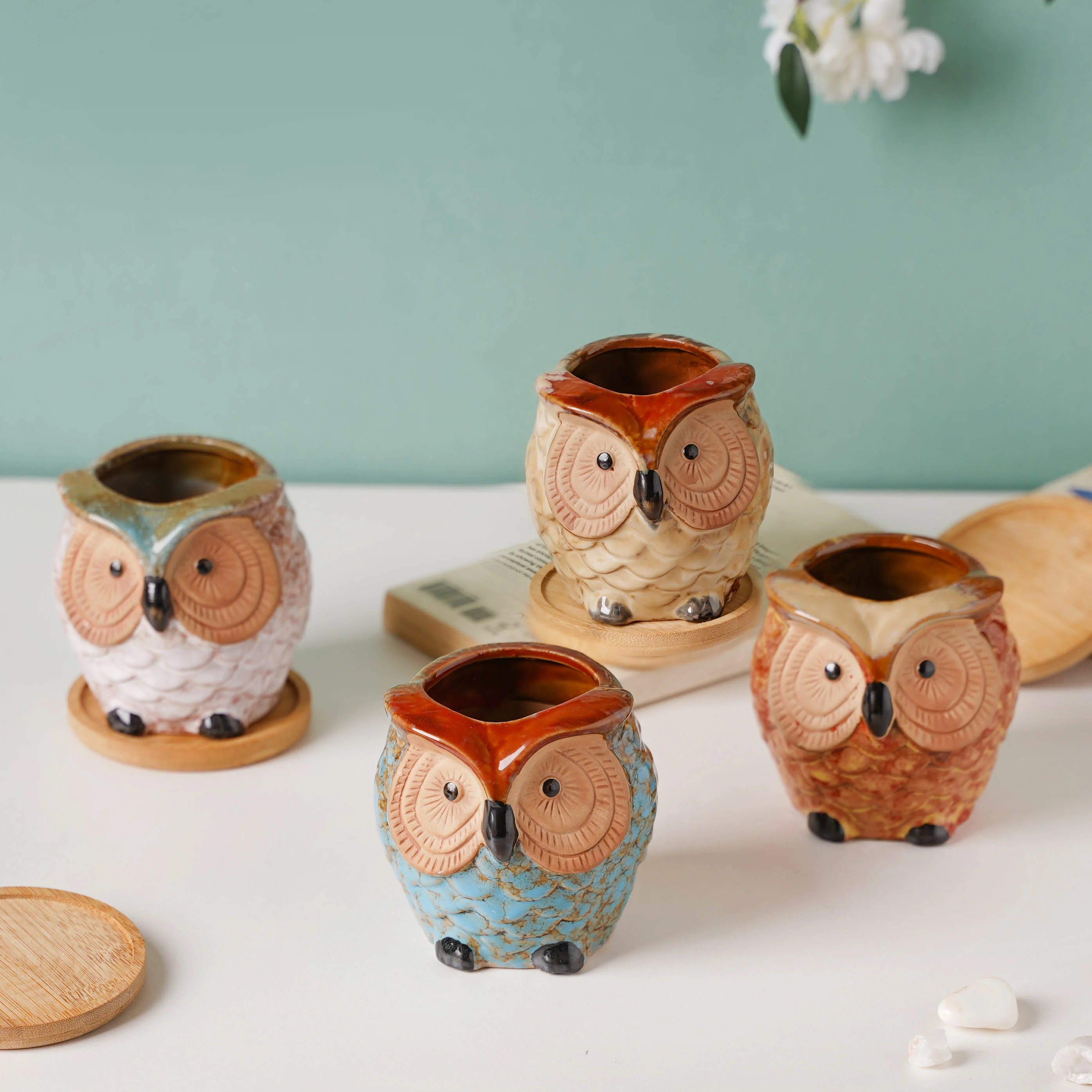 Seacrest Owl Blue Ceramic Planter With Wooden Coaster - Image 14