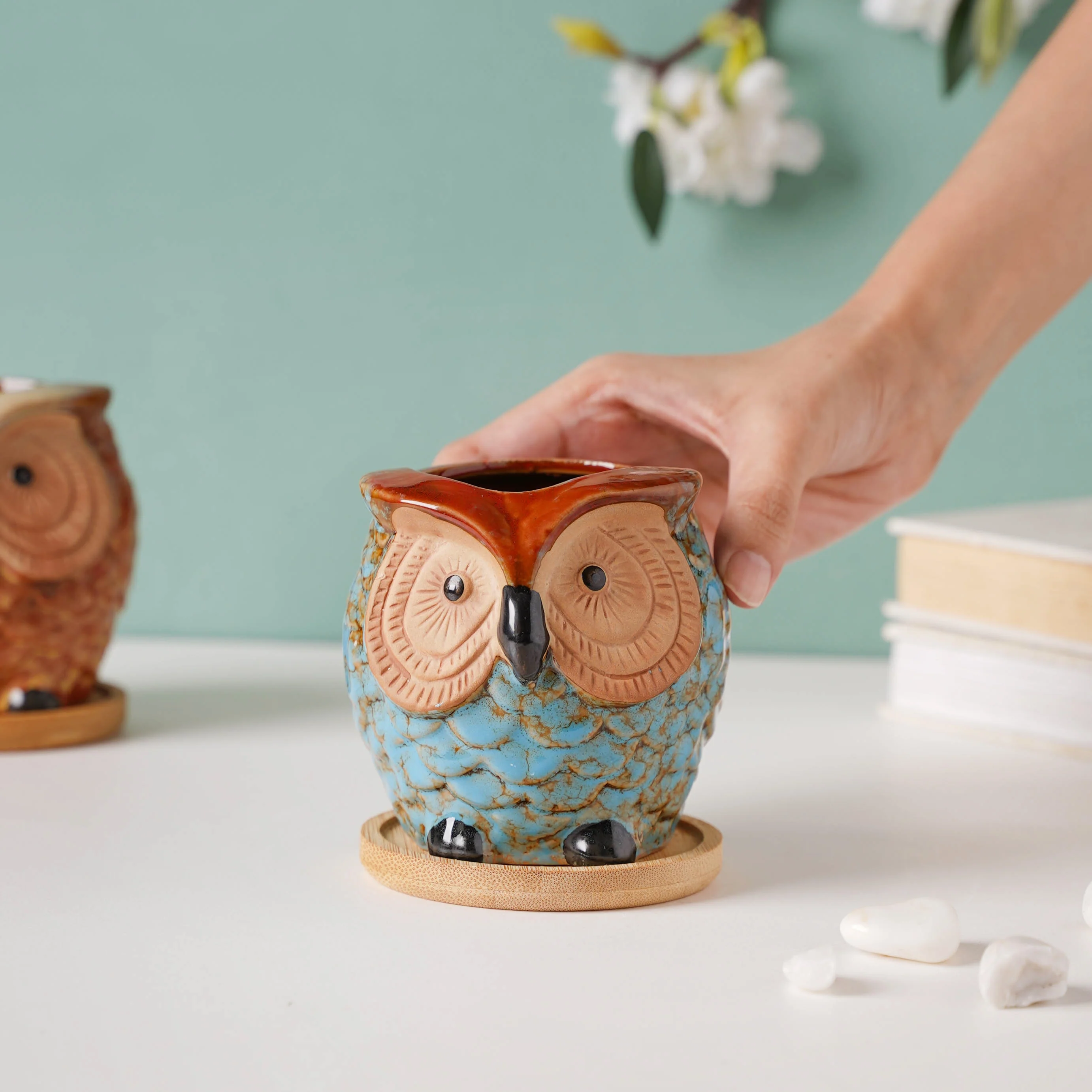 Seacrest Owl Blue Ceramic Planter With Wooden Coaster - Image 2