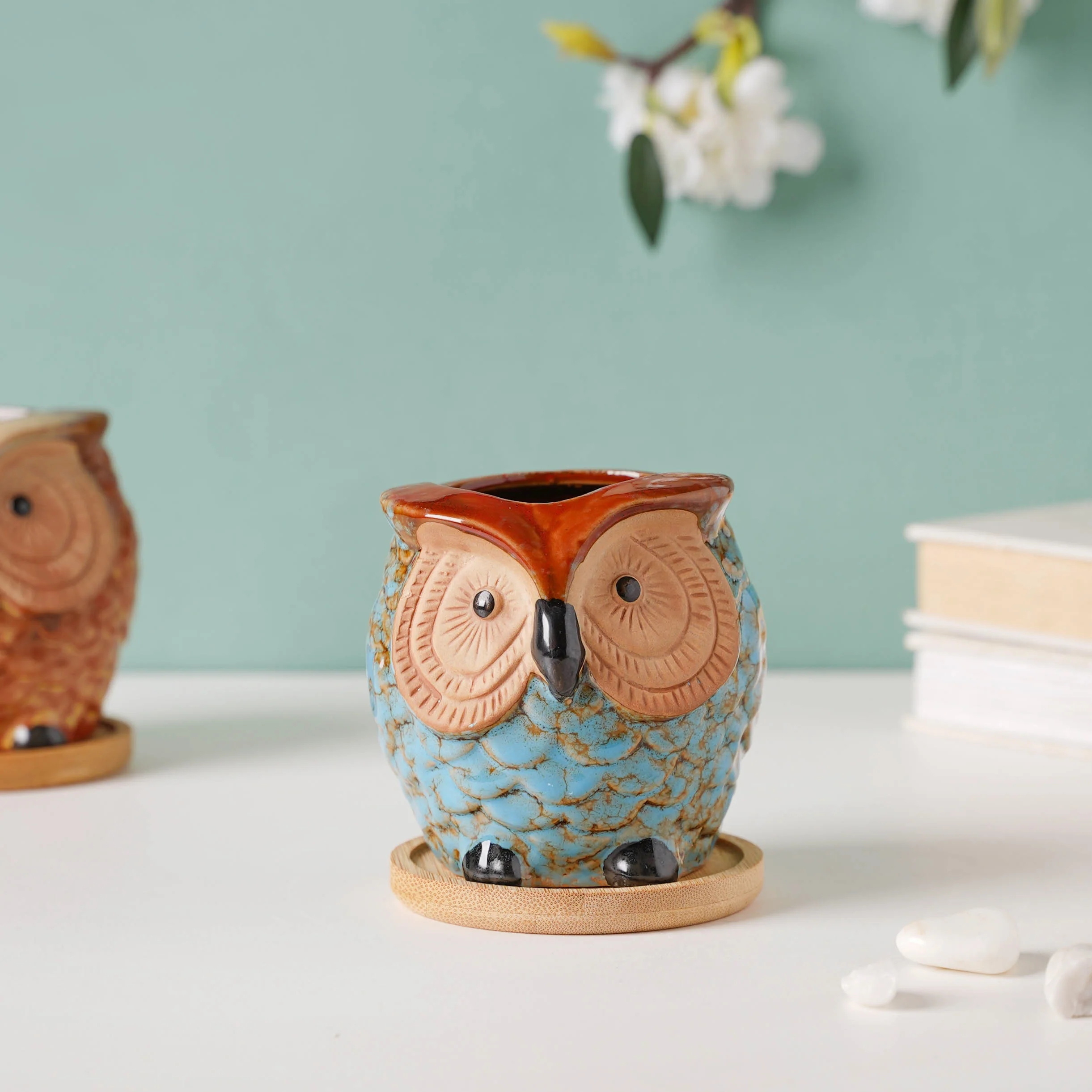 Seacrest Owl Blue Ceramic Planter With Wooden Coaster - Image 3