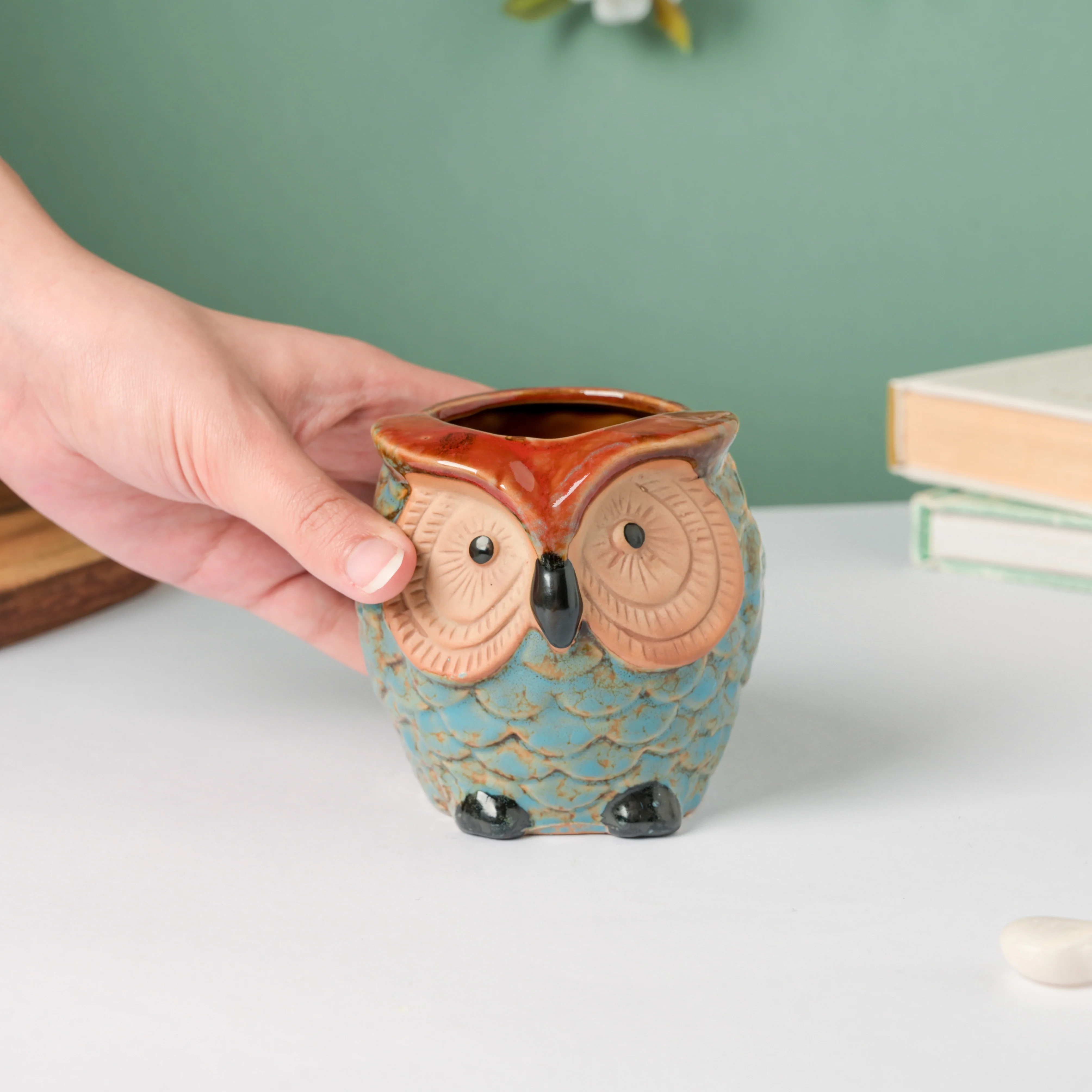 Seacrest Owl Blue Ceramic Planter With Wooden Coaster - Image 7