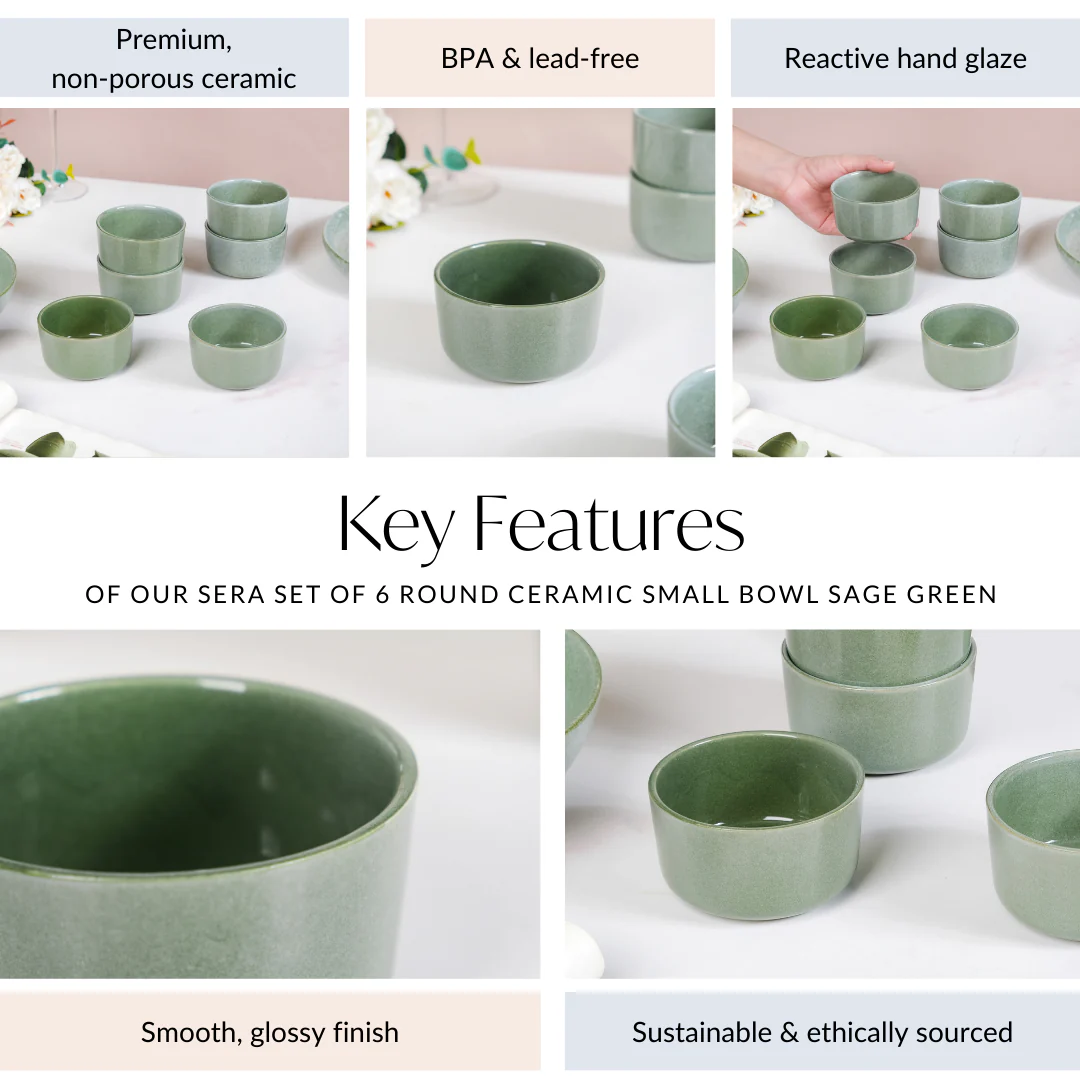 Sera Set Of 6 Round Ceramic Small Bowl Sage Green 200ml - Image 5