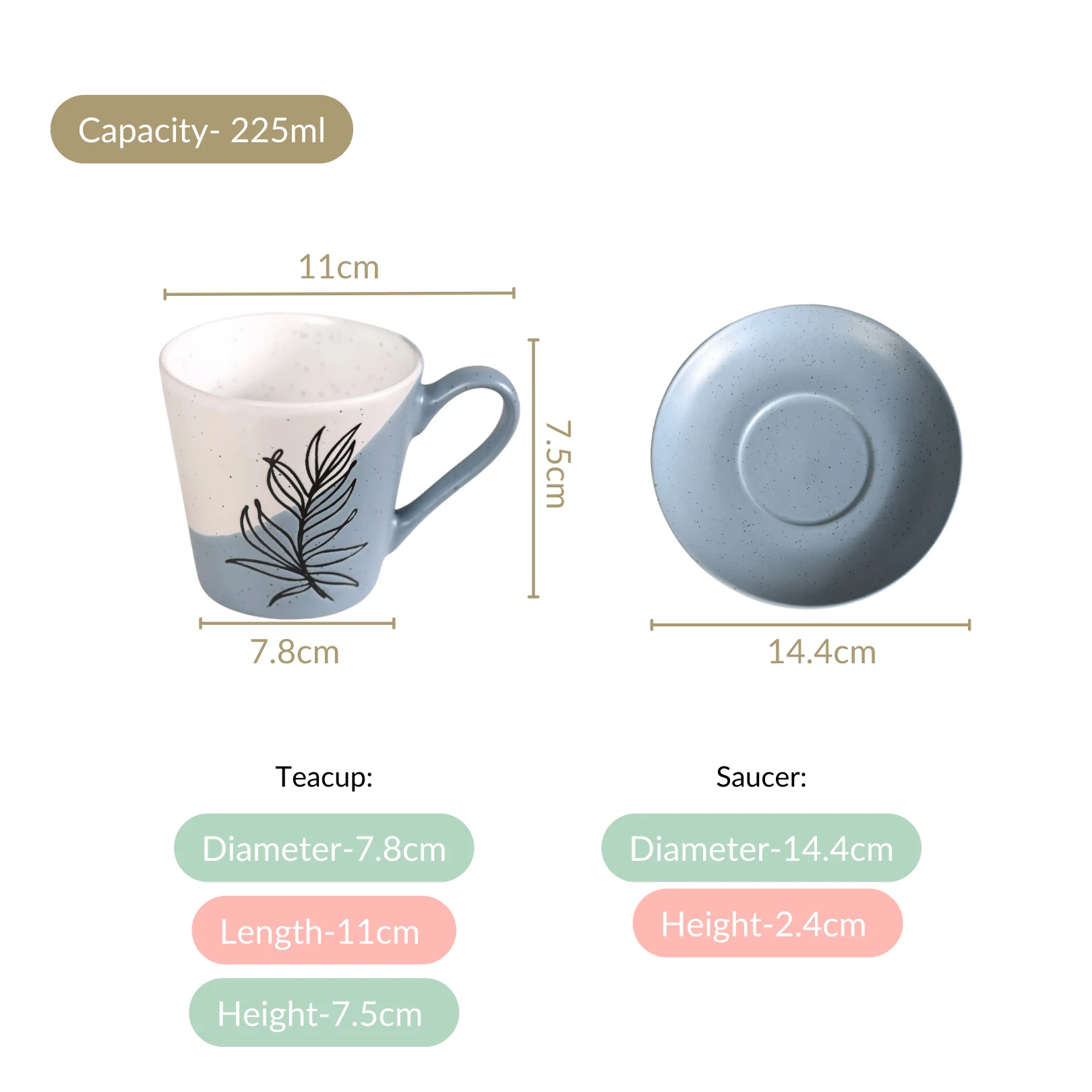 Serene Tropics Ceramic Tea Cup And Saucer Set Of 4 Blue 225ml - Image 4