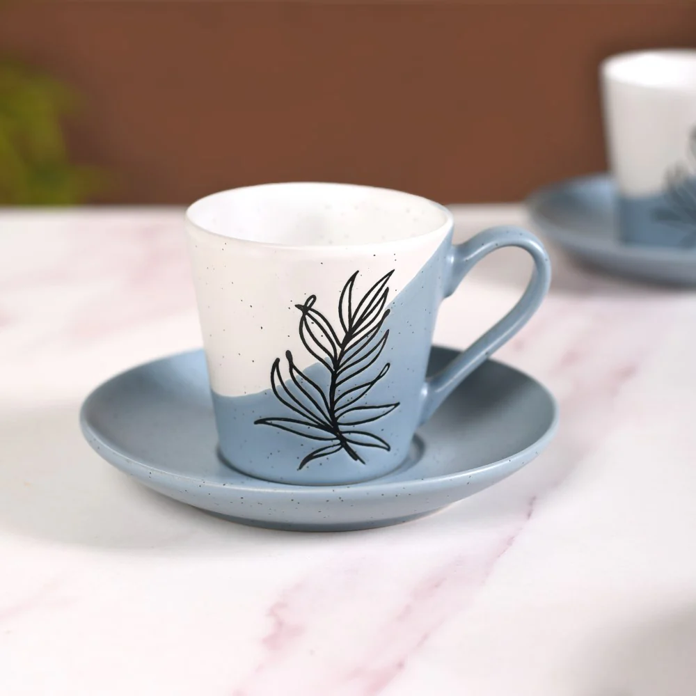 Serene Tropics Ceramic Tea Cup And Saucer Set Of 4 Blue 225ml - Image 6