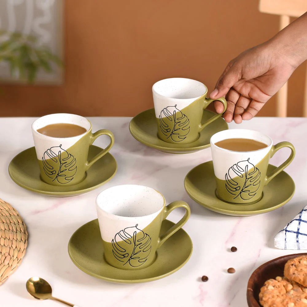 Serene Tropics Ceramic Tea Cup And Saucer Set Of 4 Olive 225ml - Image 2
