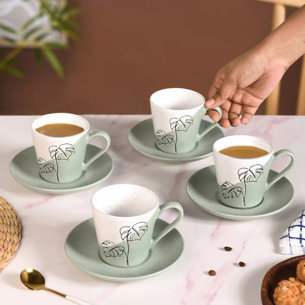 Serene Tropics Ceramic Tea Cup Saucer Set Of 4 Sage 225ml - Image 3