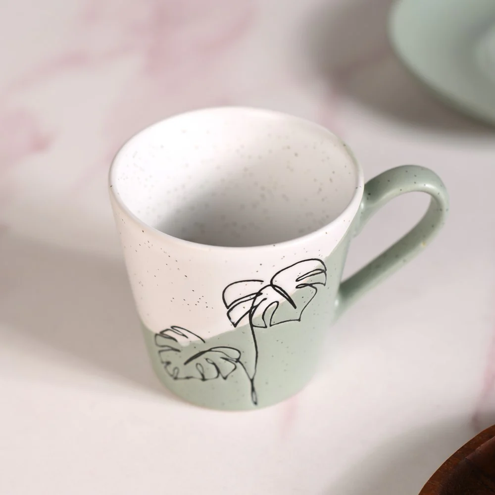 Serene Tropics Ceramic Tea Cup Saucer Set Of 4 Sage 225ml - Image 7