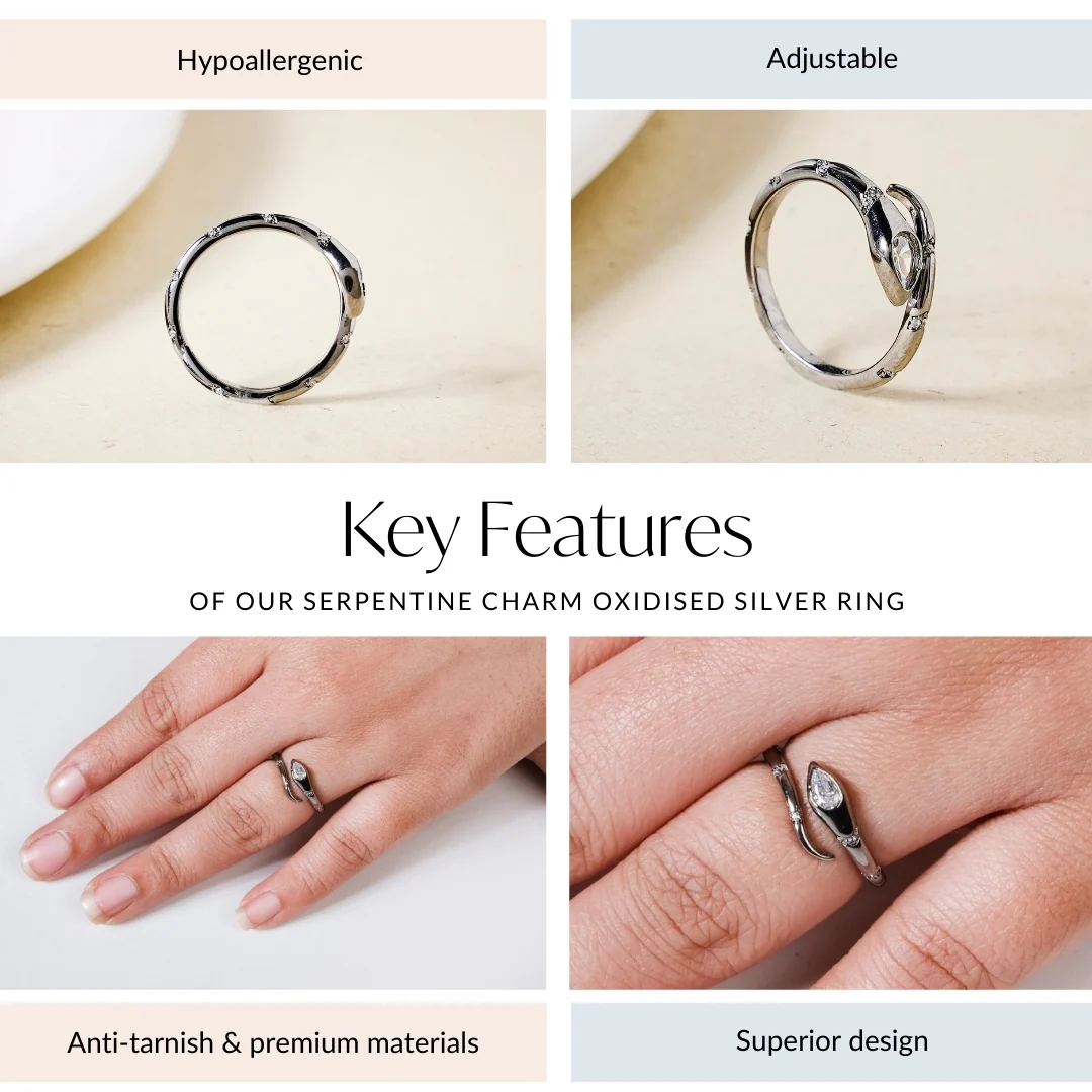 Serpentine Charm Oxidised Silver Ring - Image 4