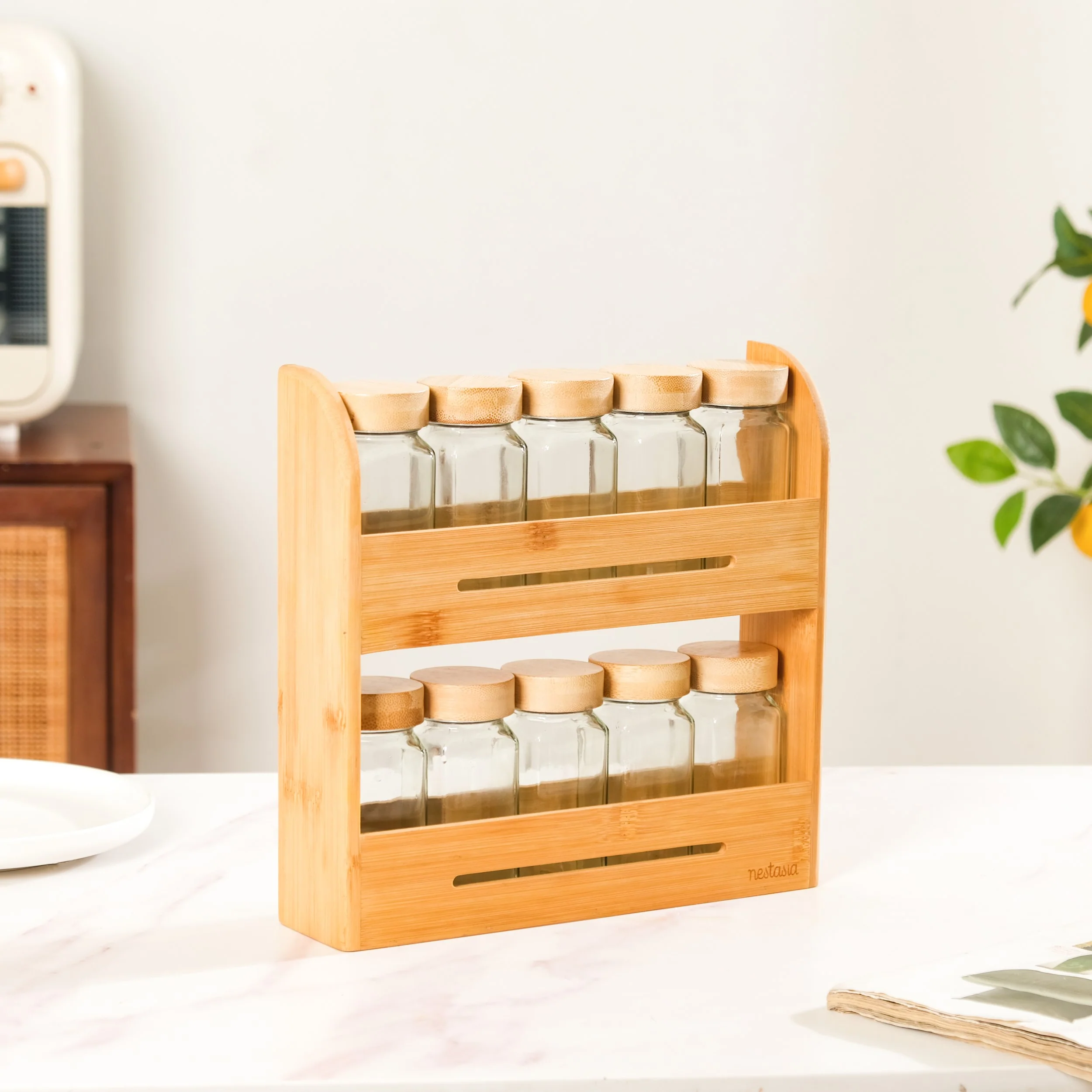 Set Of 10 Glass Jars With Wooden Storage Rack For Kitchen - Image 3