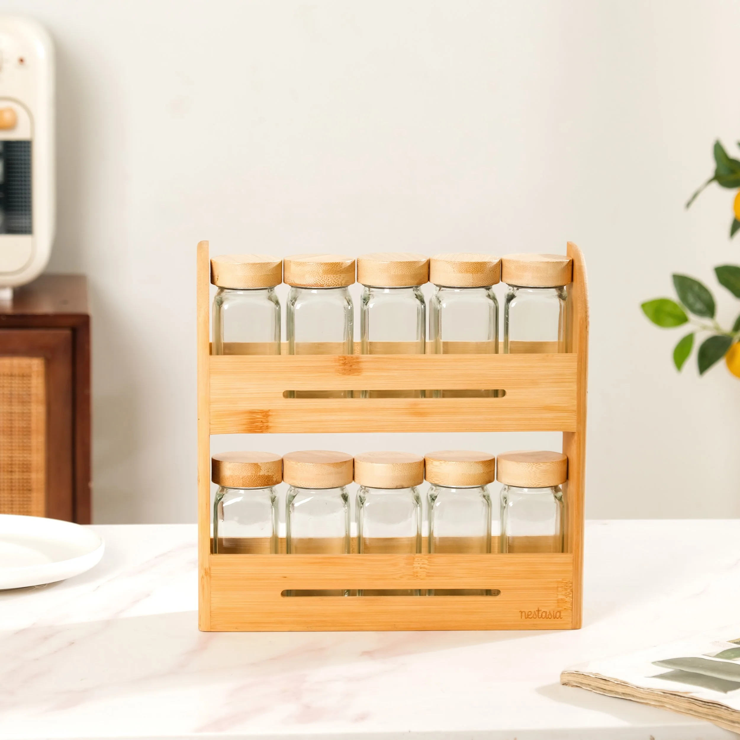 Set Of 10 Glass Jars With Wooden Storage Rack For Kitchen - Image 9