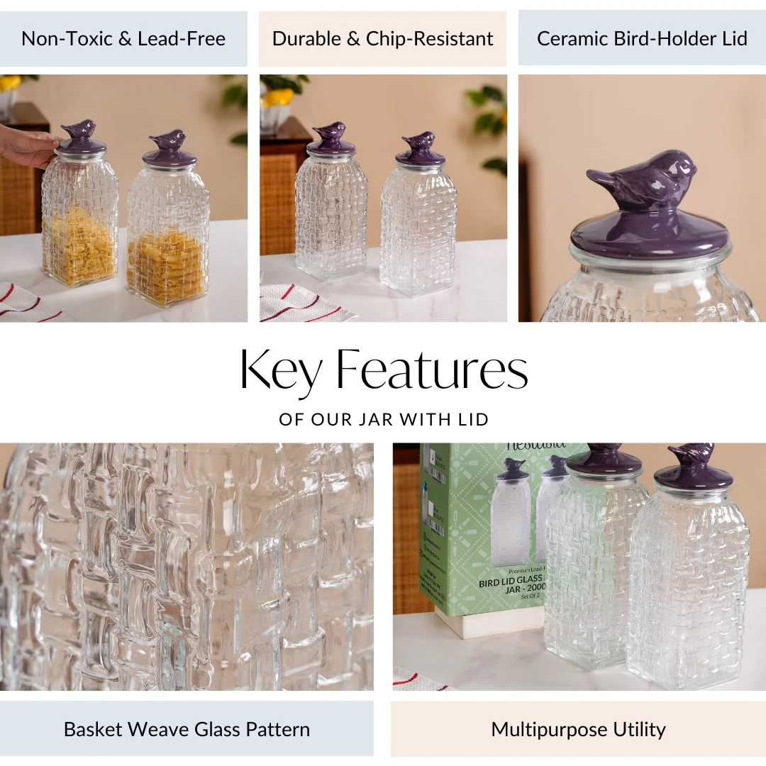 Set Of 2 Basket Weave Glass Jar With Purple Bird Lid 2000ml - Image 4