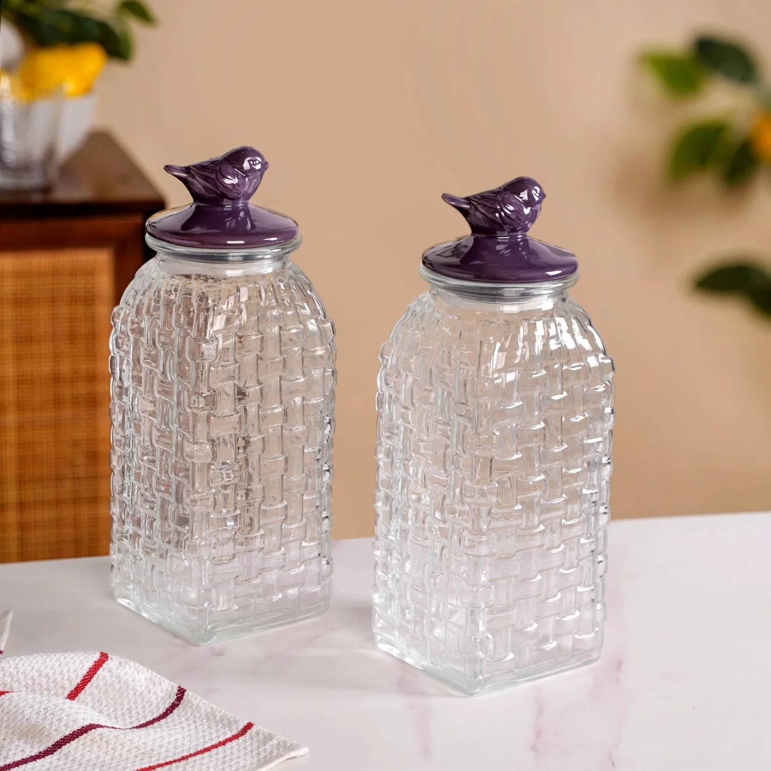 Set Of 2 Basket Weave Glass Jar With Purple Bird Lid 2000ml - Image 9