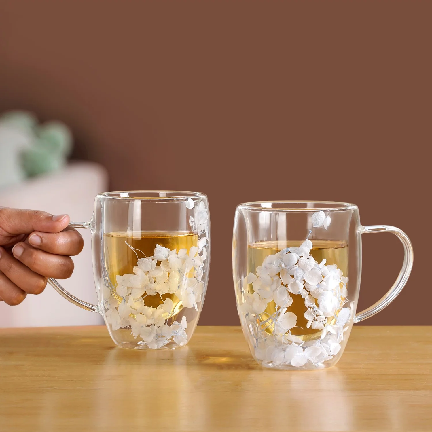 Set Of 2 Double Walled Flower Coffee Mug Blue 350ml - Image 2