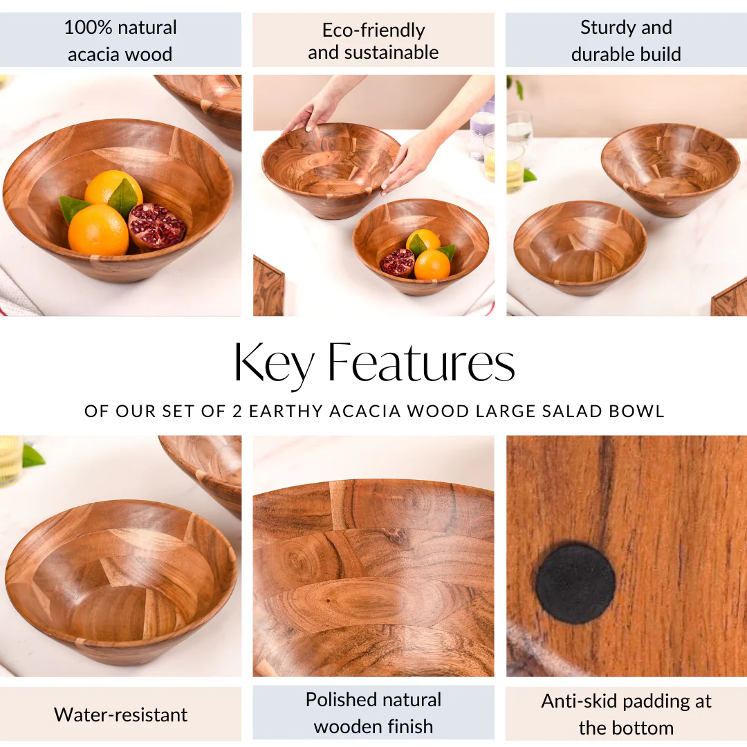 Set Of 2 Earthy Acacia Wood Salad Bowl - Image 5