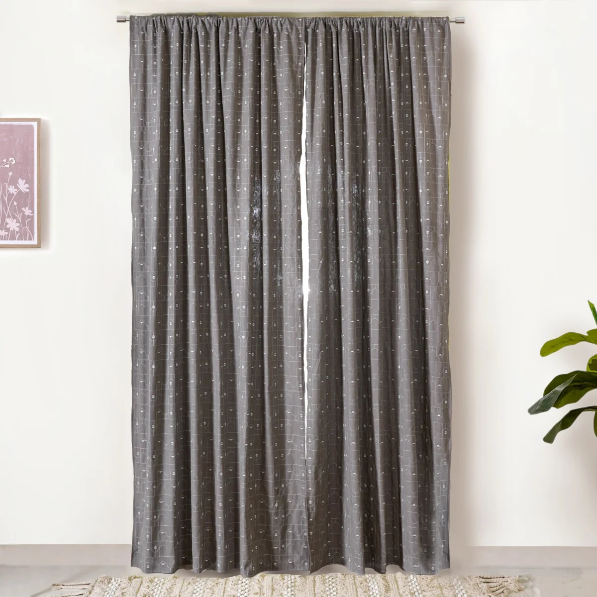 Set of 2 Embroidered Cotton Linen Curtain Grey 108x54 Inch - Image 8