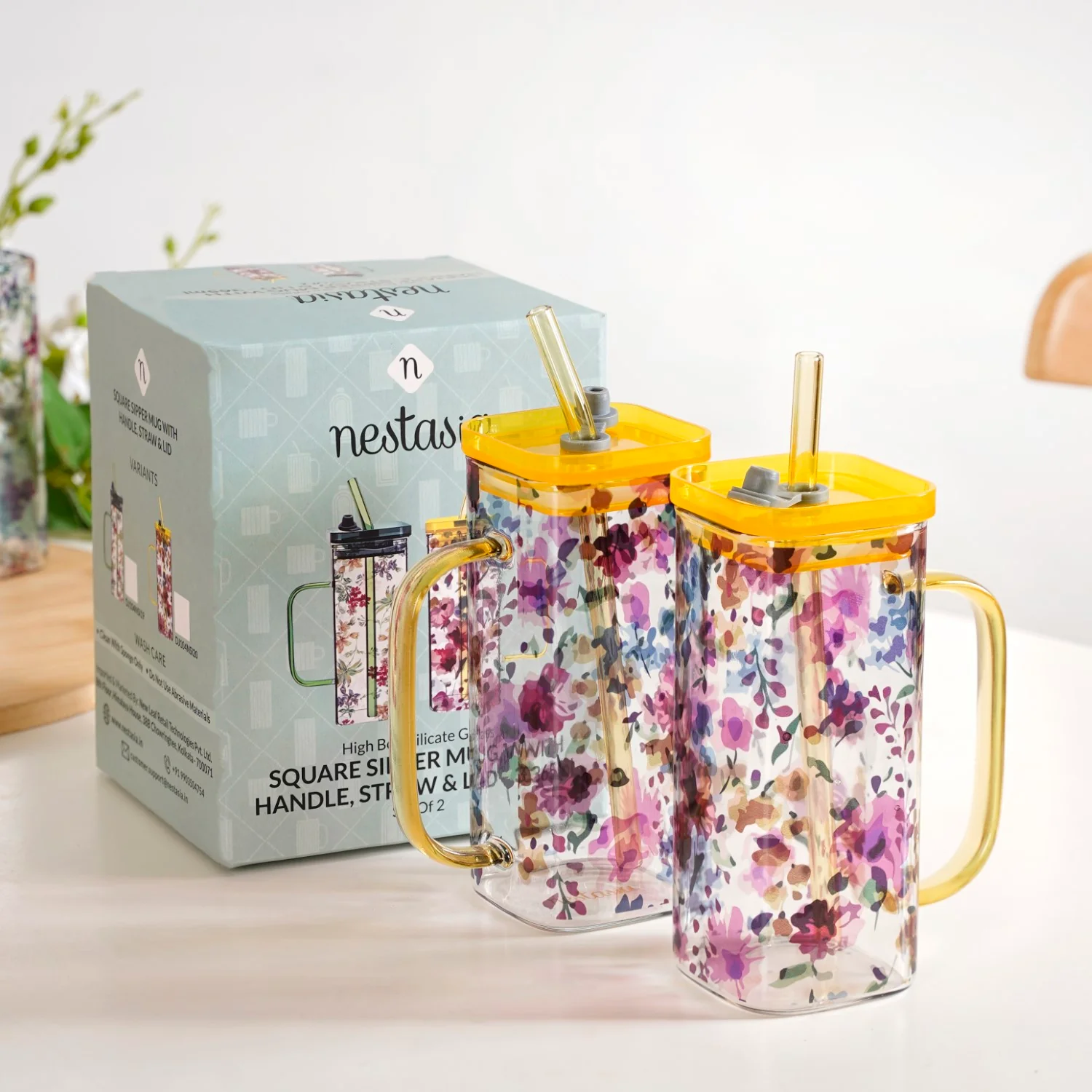 Set of 2 Garden Rose Leakproof Travel Glass Sipper Cup With Straw 365ml - Image 3
