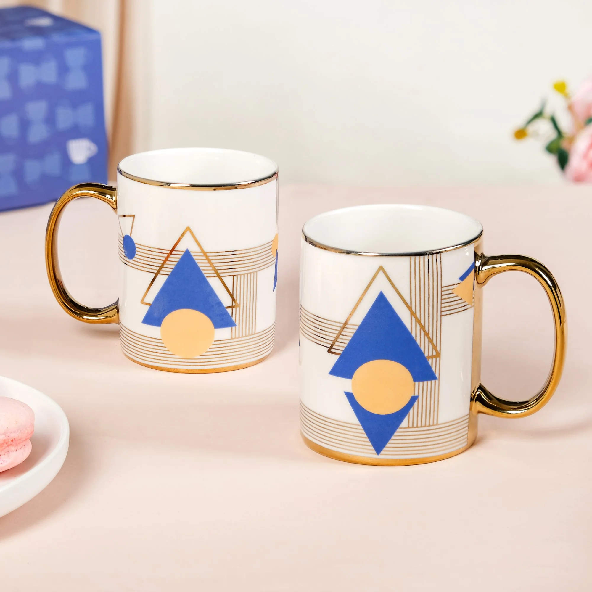 Set Of 2 Geometric Blue Gold Mugs With Gift Box 350ml - Image 2
