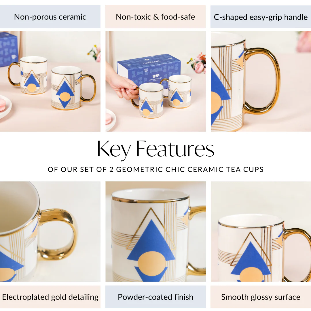 Set Of 2 Geometric Blue Gold Mugs With Gift Box 350ml - Image 5