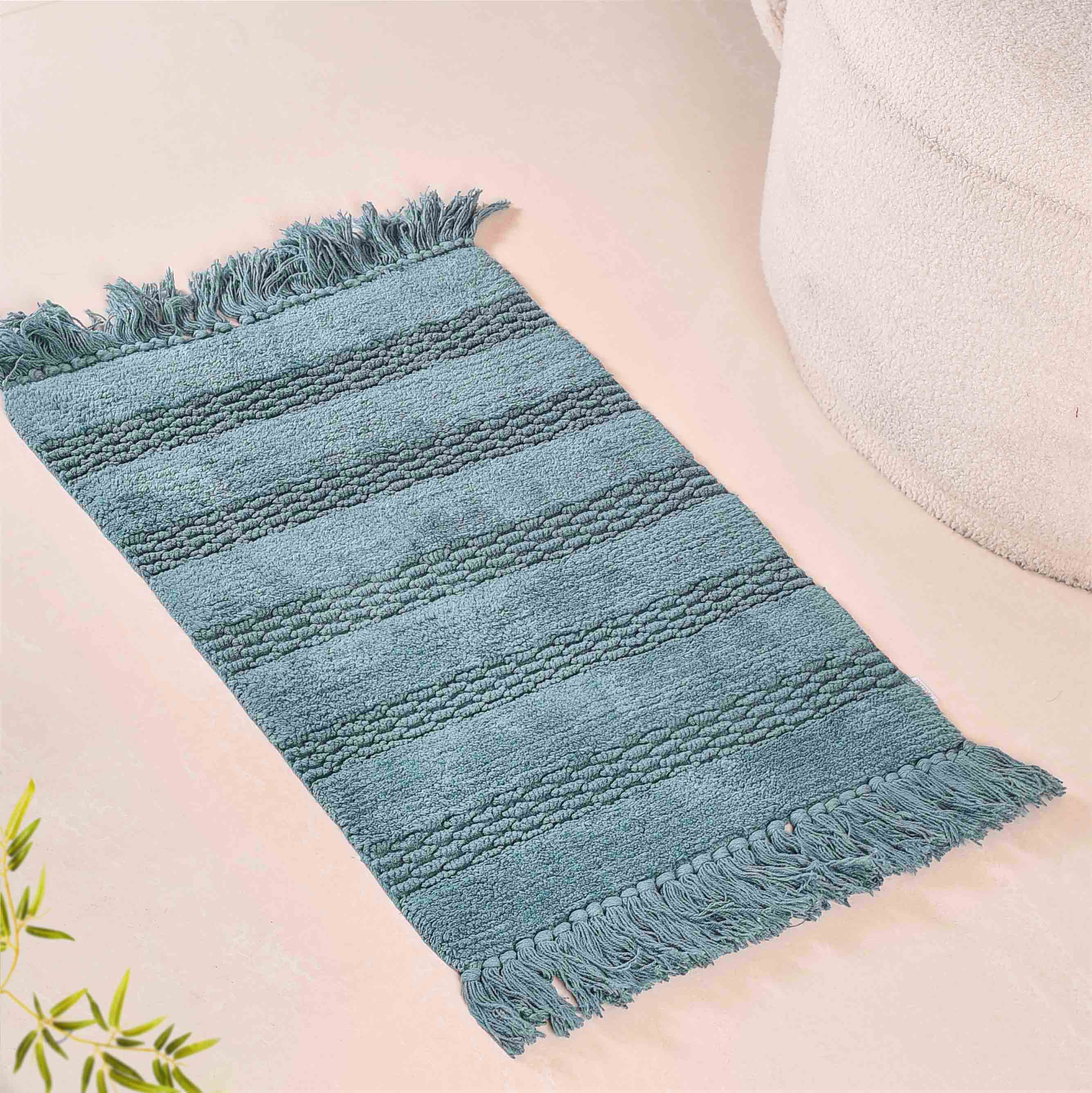 Set Of 2 Handwoven Ribbed Twill Plush Cotton Door Mats Blue 31x17 Inch - Image 2