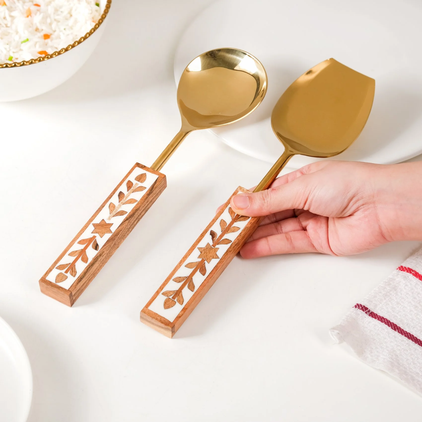 Set Of 2 Inlay Wooden Serving Spoons Gold - Image 3