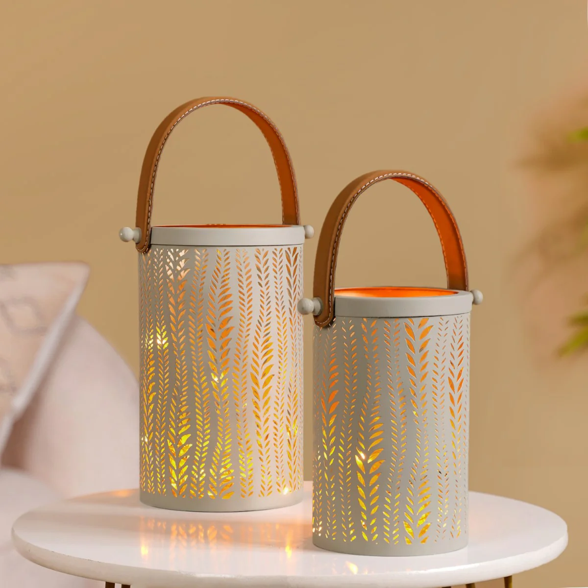 Set Of 2 Lanterns With Leaf Trail Cutwork Sage Green - Image 12