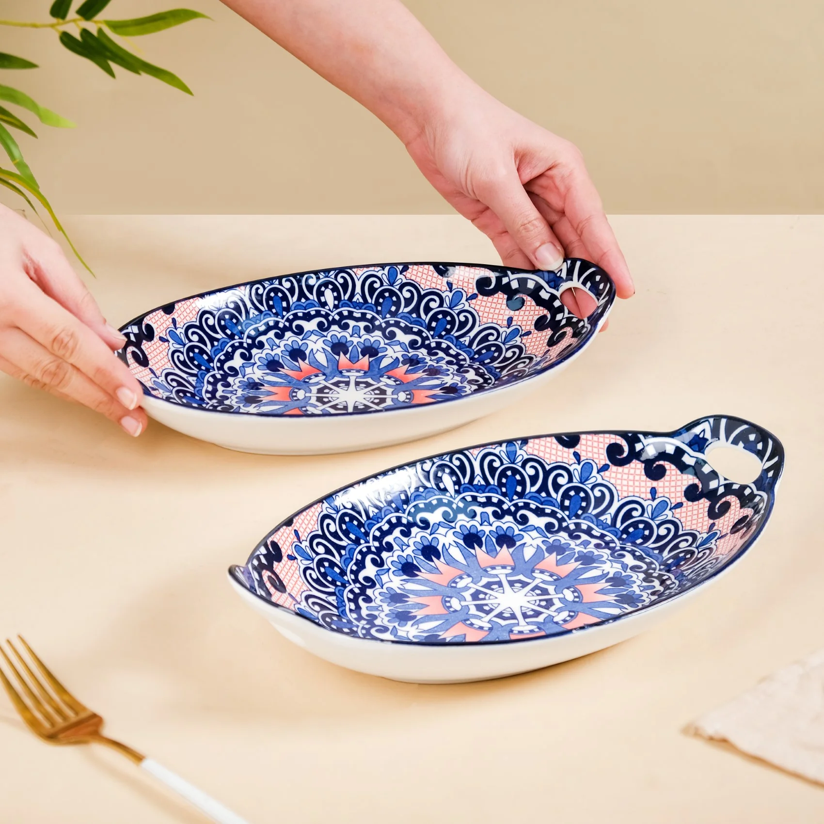Set Of 2 Mandala Platters Peach And Blue - Image 2