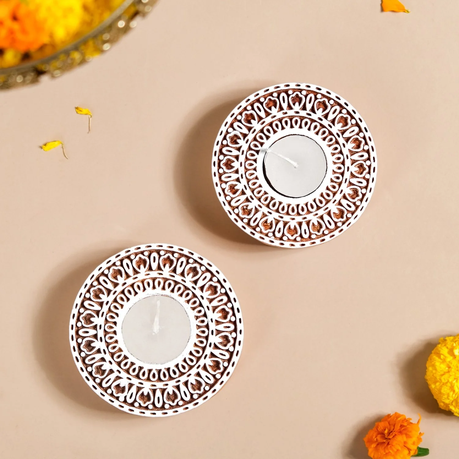 Set Of 2 Mandala Wooden Block Candle Tea Light Holders - Image 7