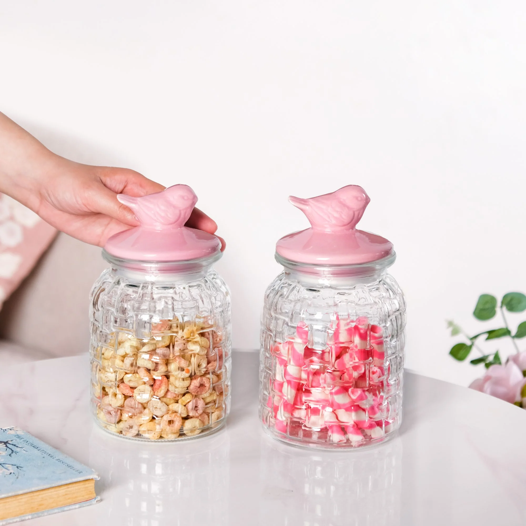 Set Of 2 Pink Bird Ceramic Lid Glass Storage Jar 1000ml - Image 2