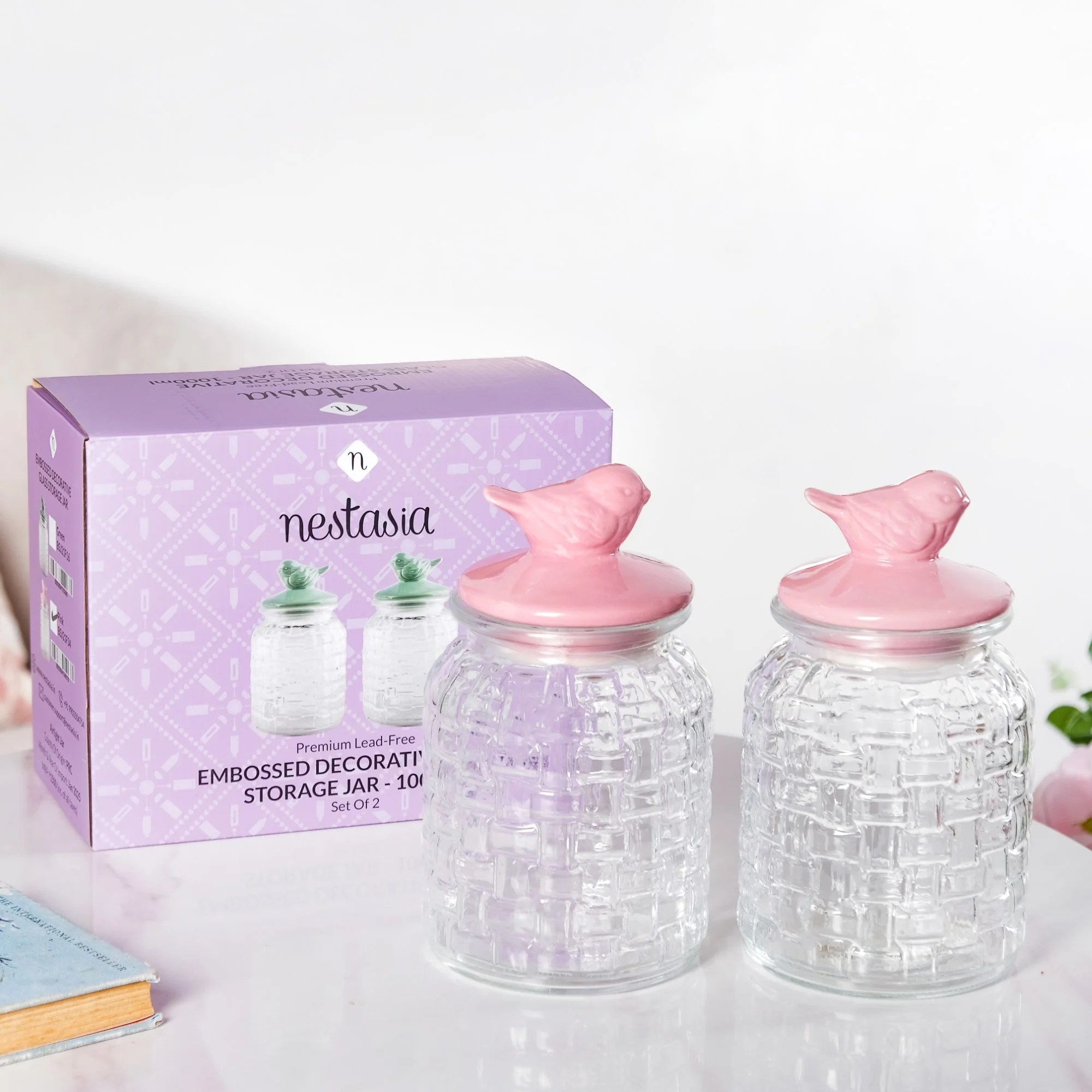 Set Of 2 Pink Bird Ceramic Lid Glass Storage Jar 1000ml - Image 3