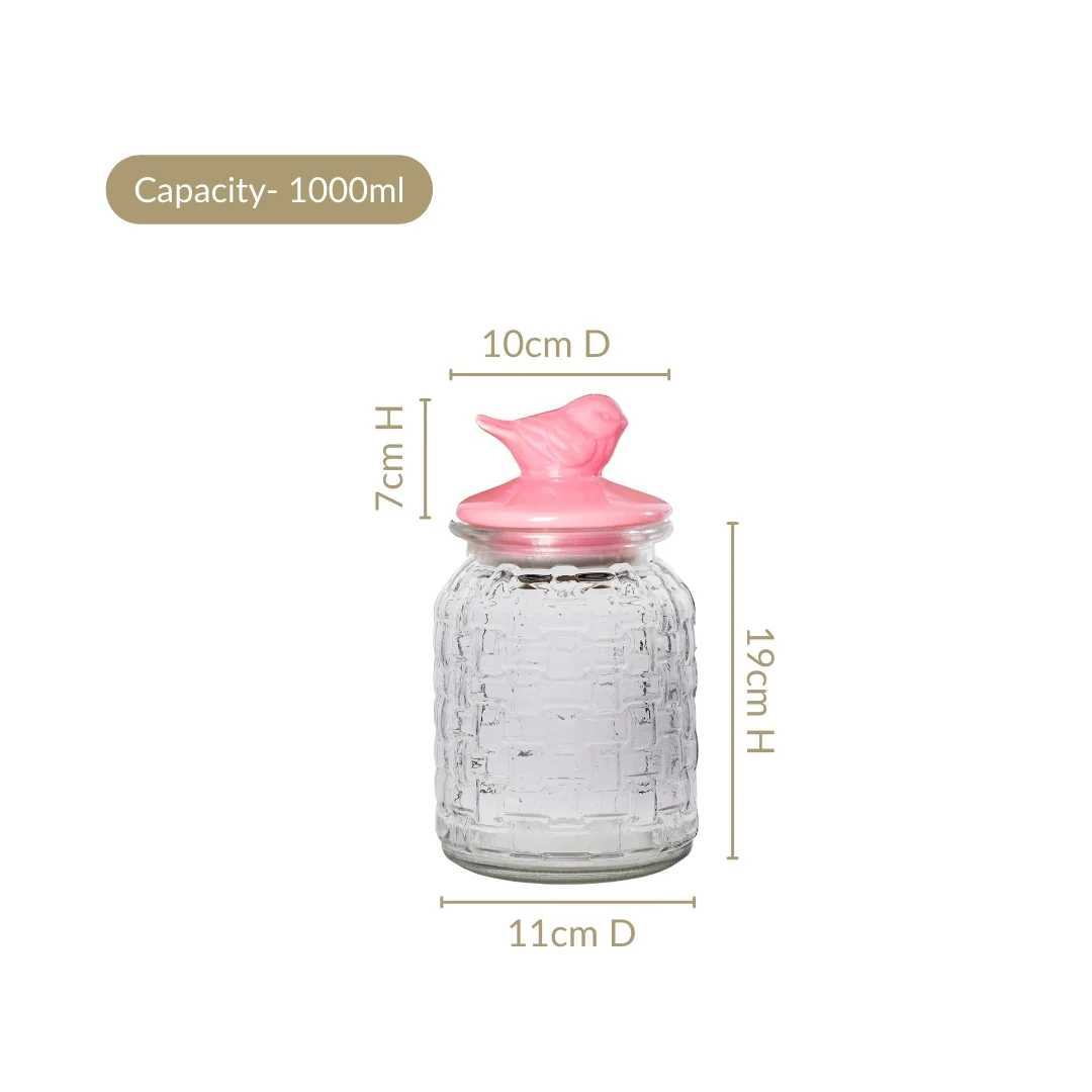 Set Of 2 Pink Bird Ceramic Lid Glass Storage Jar 1000ml - Image 4