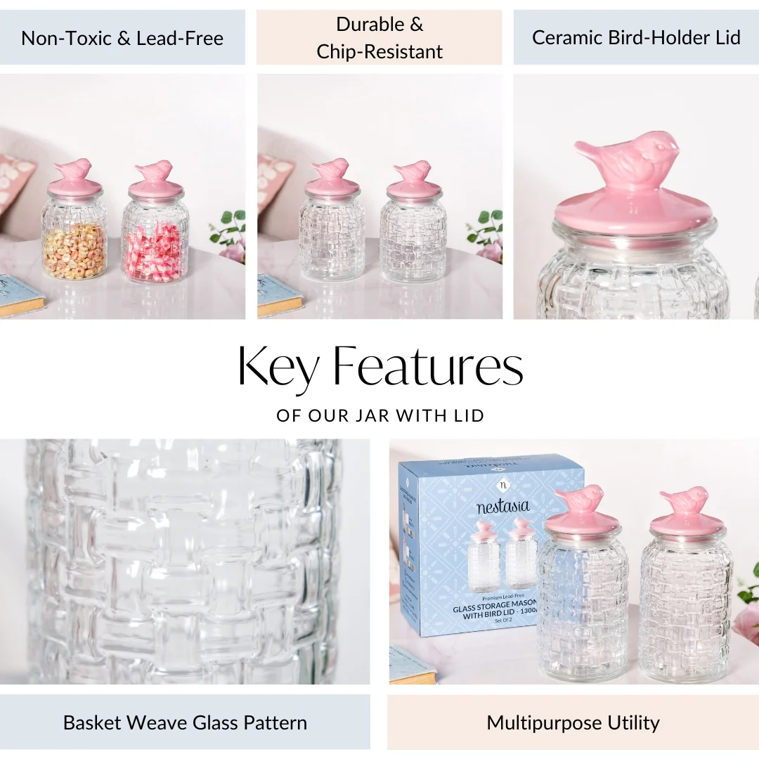 Set Of 2 Pink Bird Ceramic Lid Glass Storage Jar 1000ml - Image 5