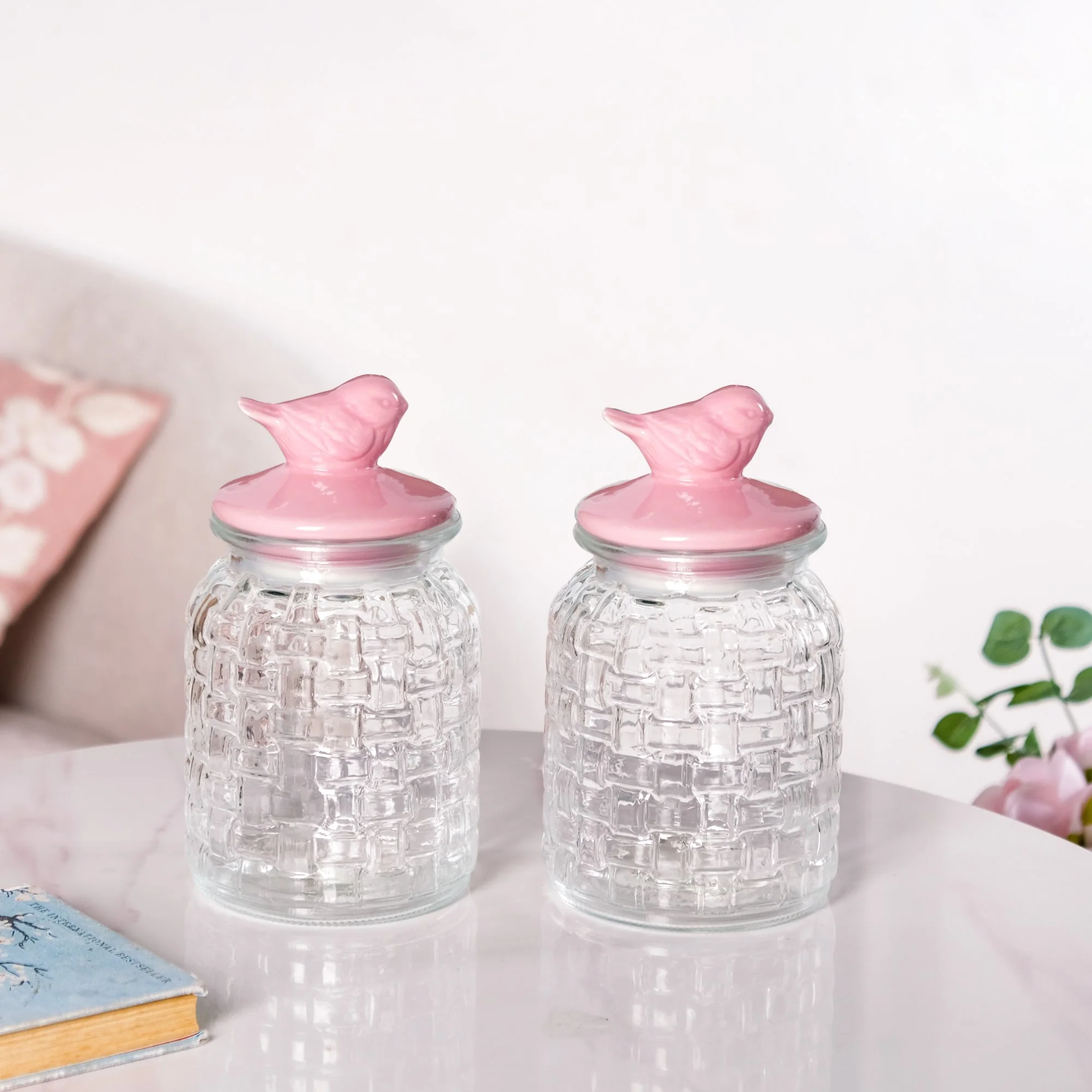 Set Of 2 Pink Bird Ceramic Lid Glass Storage Jar 1000ml - Image 9