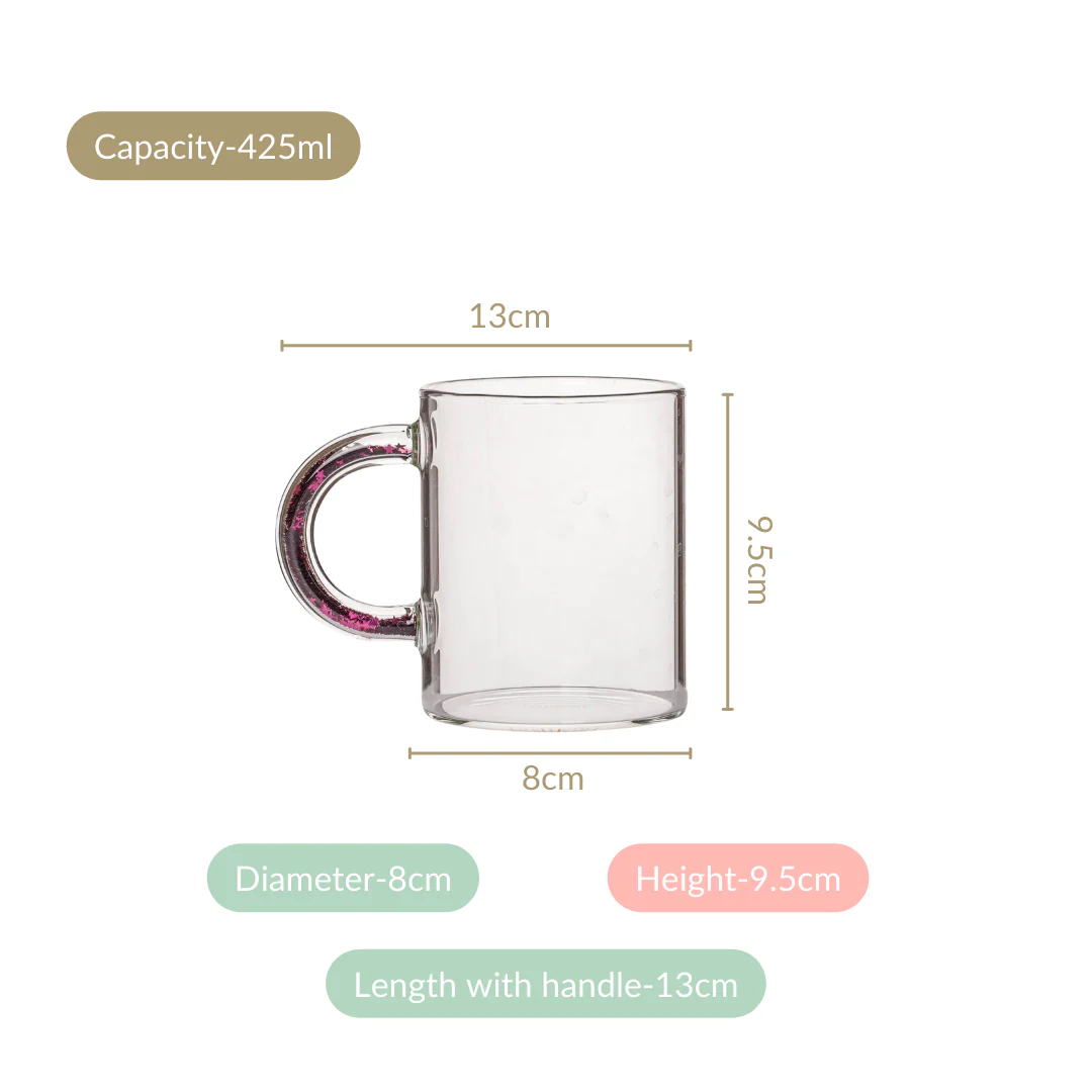 Set Of 2 Pink Sparkle Handle Glass Coffee Mugs 425ml - Image 4
