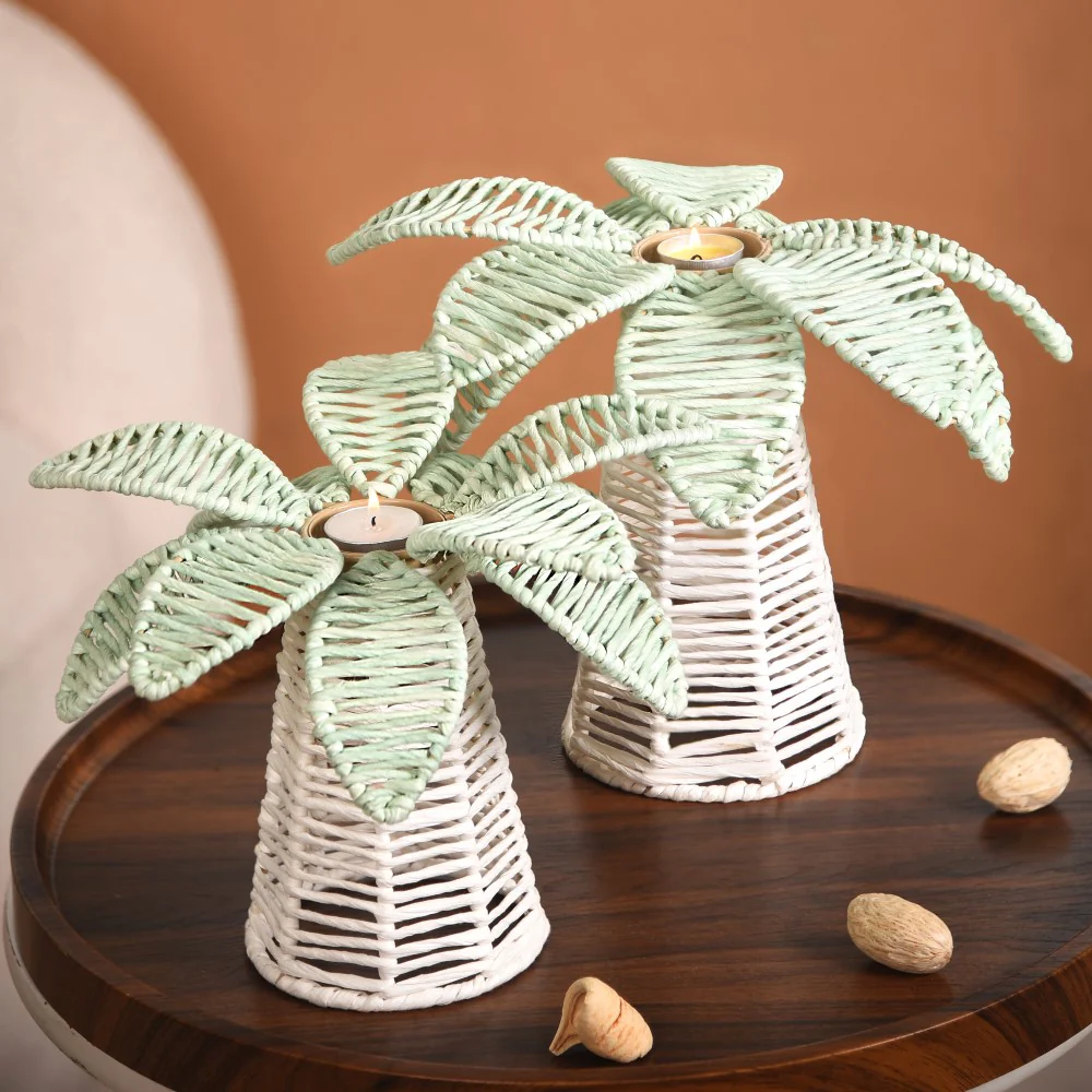 Set Of 2 Raffia Palm Candle Holder For Home Decor