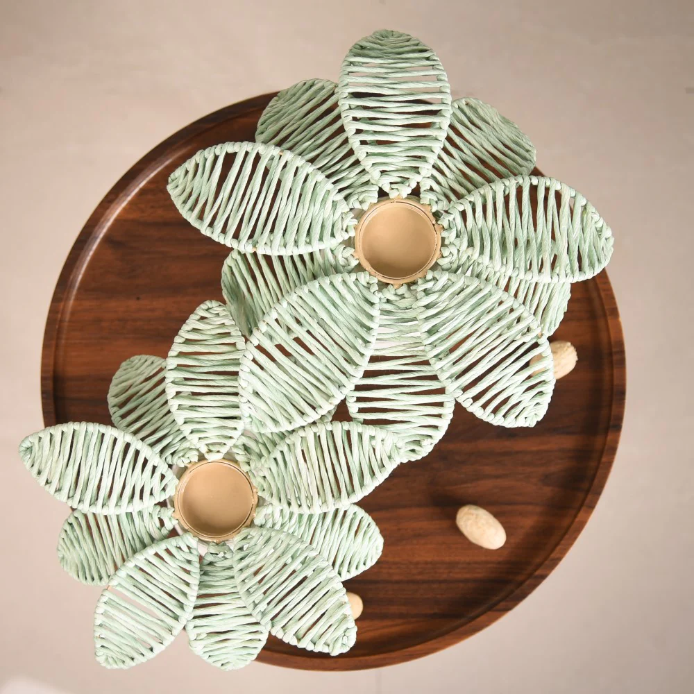 Set Of 2 Raffia Palm Candle Holder For Home Decor - Image 4